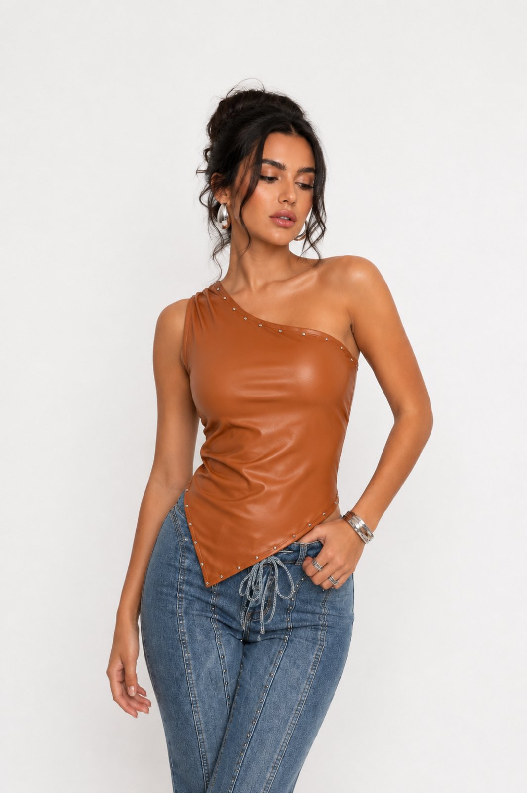 Blusa Assimétrica D Bell Outlet Fashion Couro Caramelo