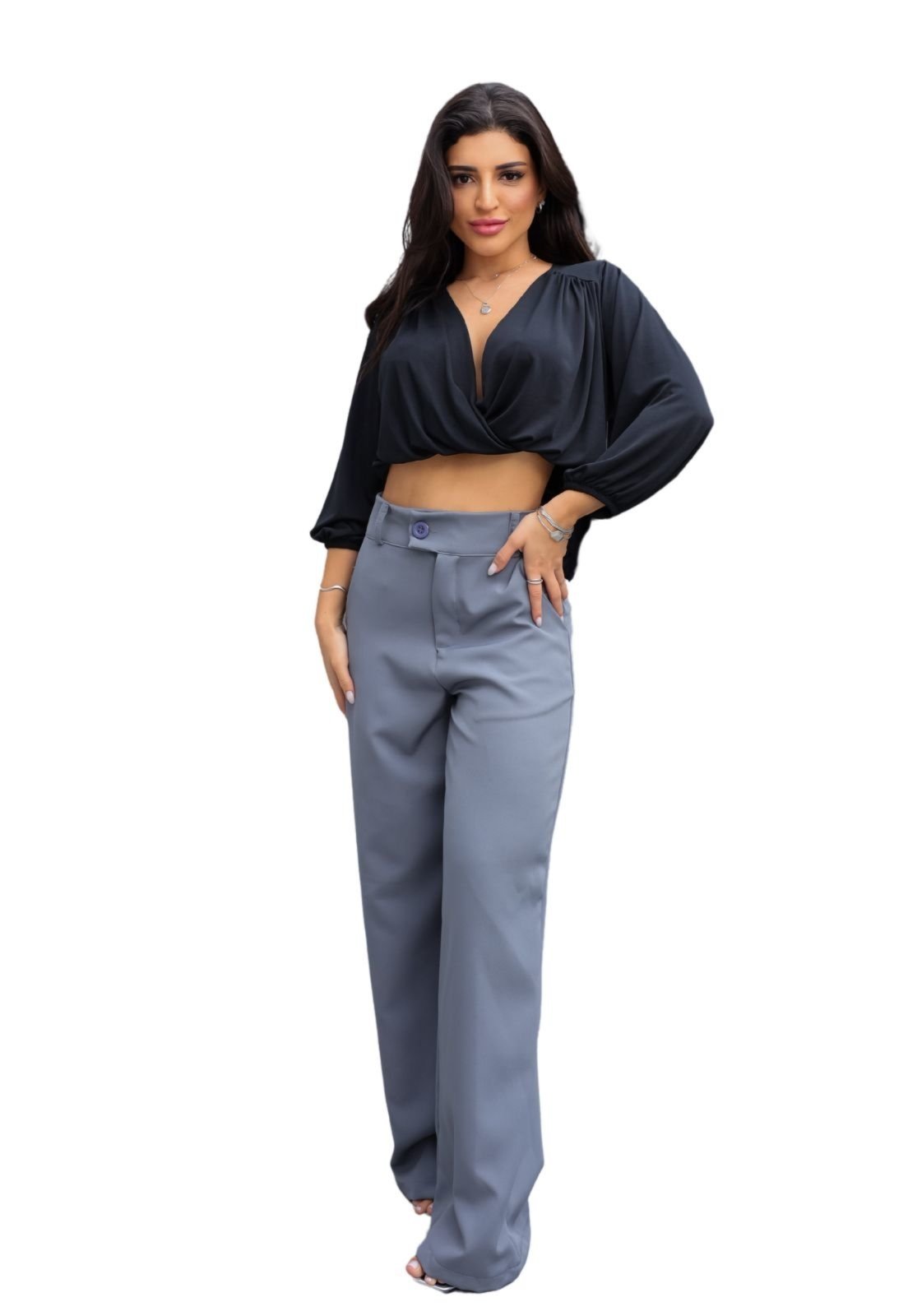 Calça Alfaiataria Wide Leg Cinza