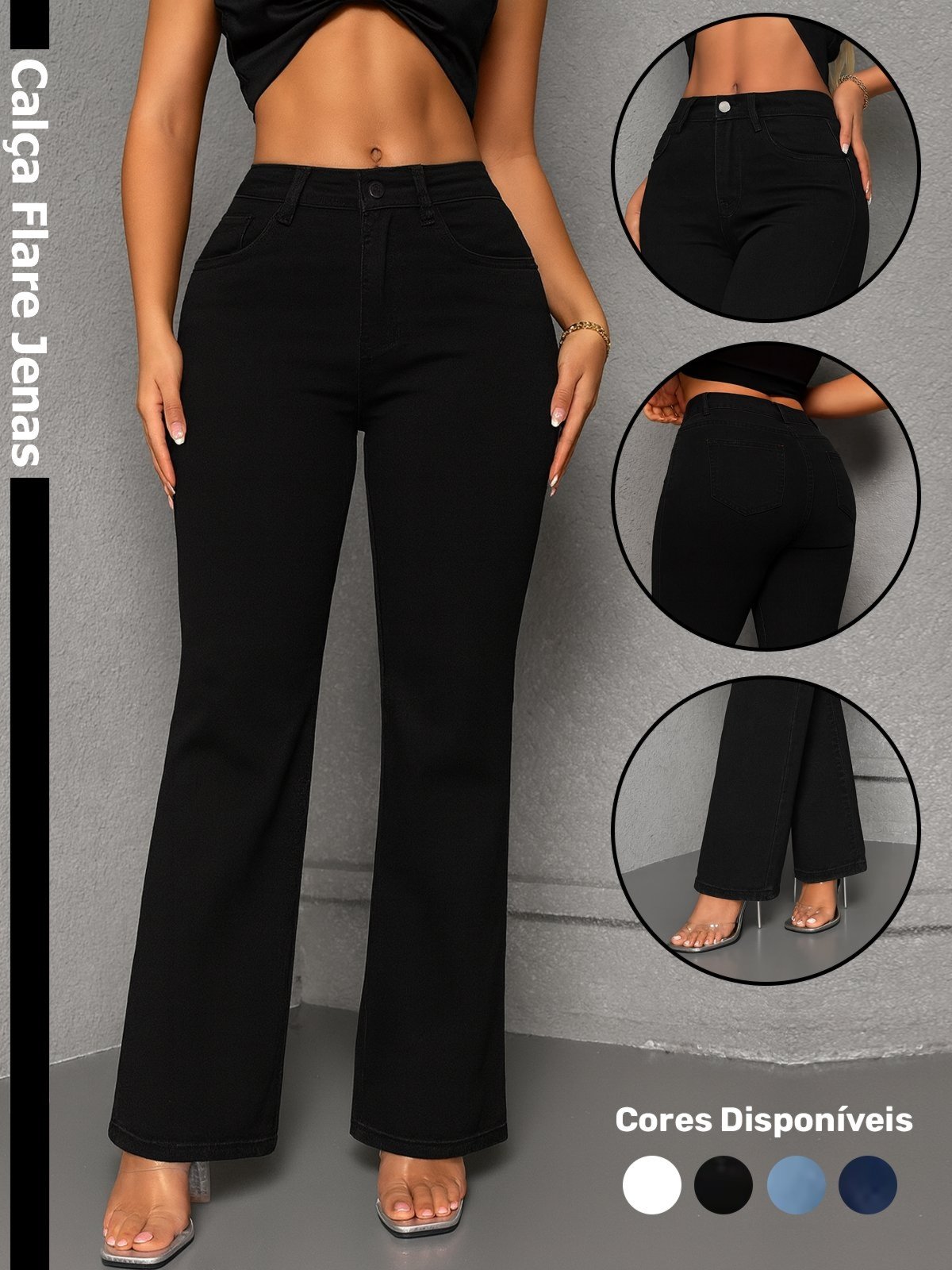 Calça Jeans Flare Feminina Safira Moda Boca de Sino Preta