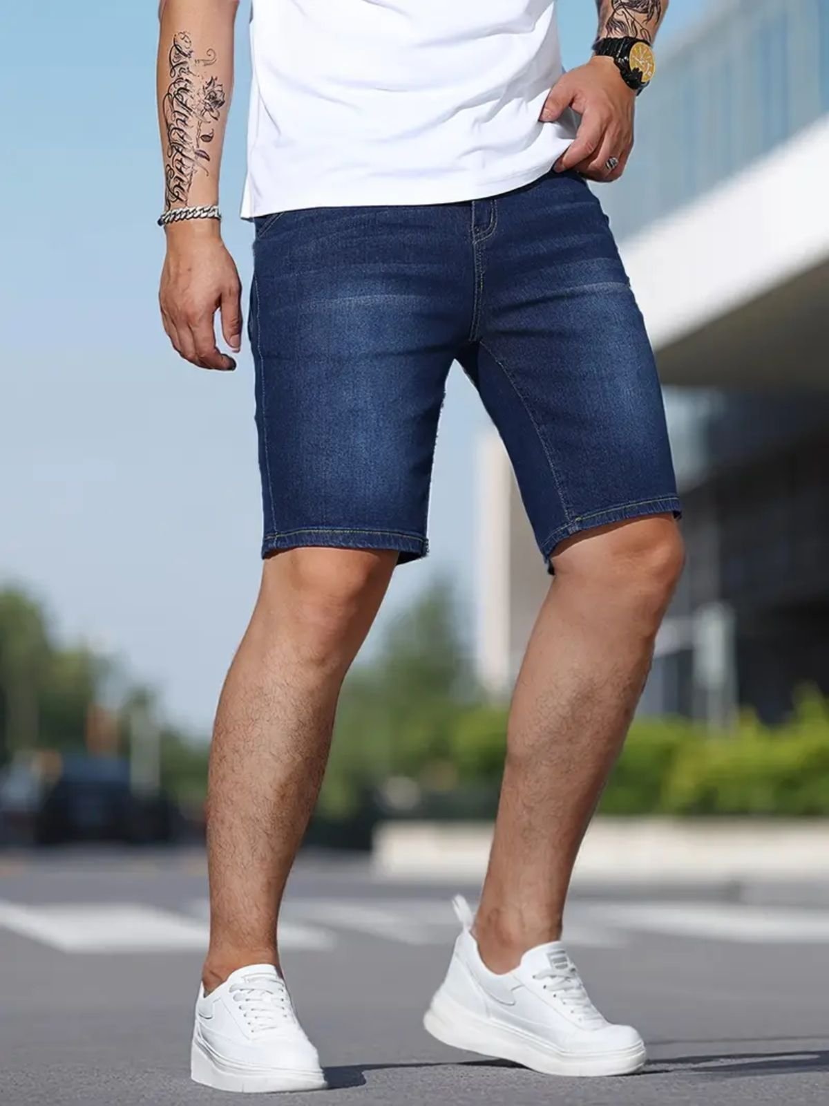 Bermuda Jeans Masculina Kovali Casual Style Skinny Premium Com Elastano Confortável Azul Escuro