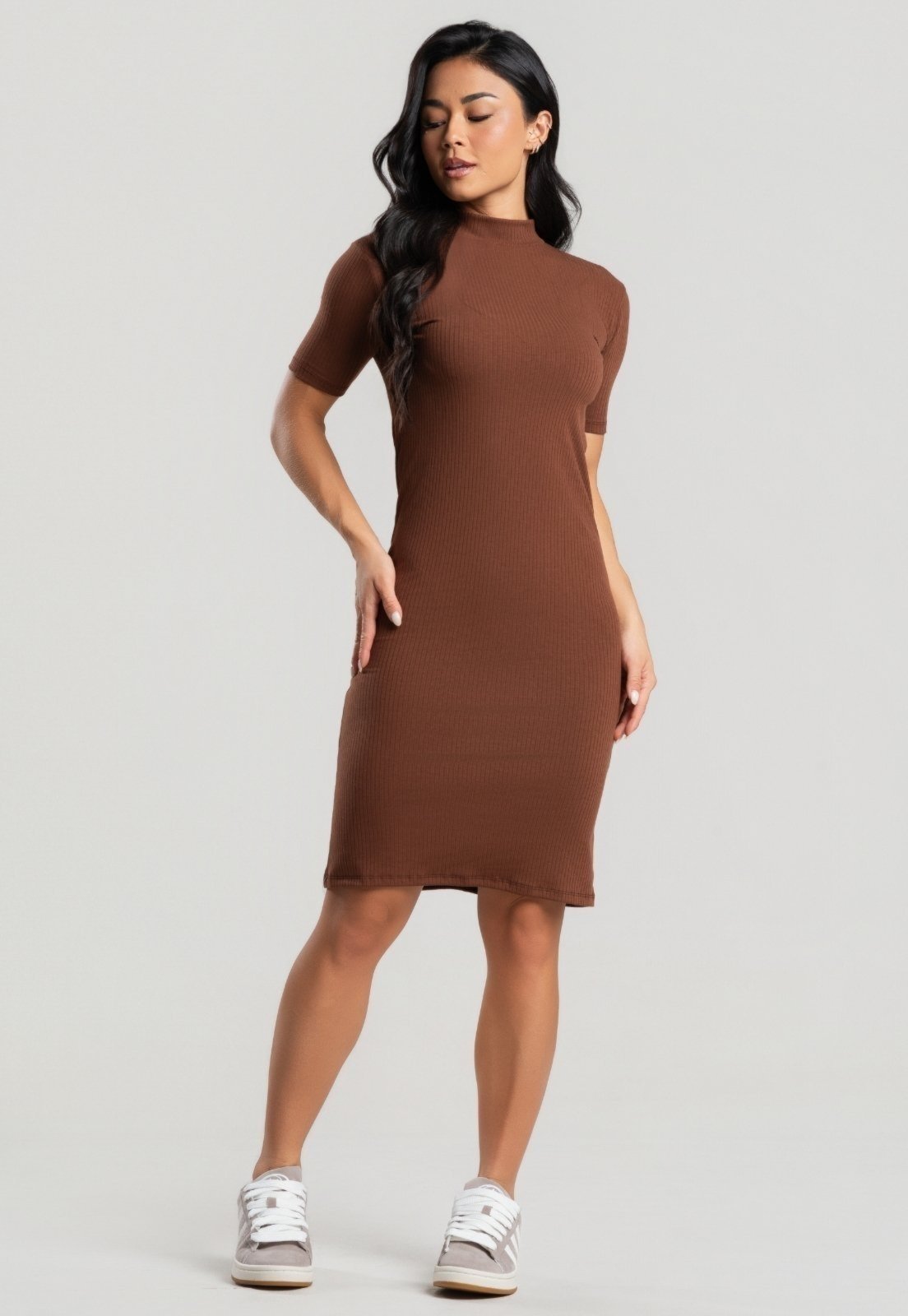 Vestido Midi Gola Alta WLS Modas Canelado Marrom