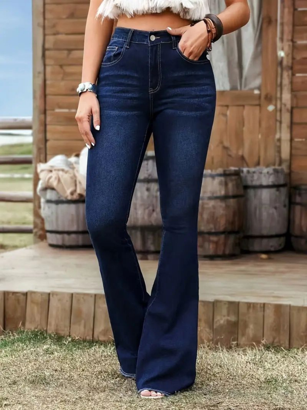 Calça Jeans Kovali Fashion Store Flare Azul Escura com Caimento Impecável e Tecido Premium