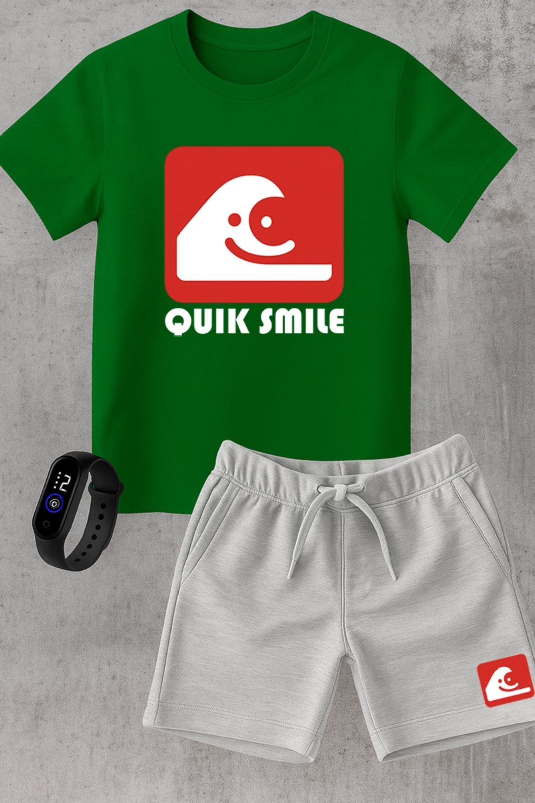 Infantil - Kit Camiseta menino Urbania Algodão verde Short Bermuda cinza menina Conjunto black promoção oferta + brinde relogio estampa quik smile estilo silver