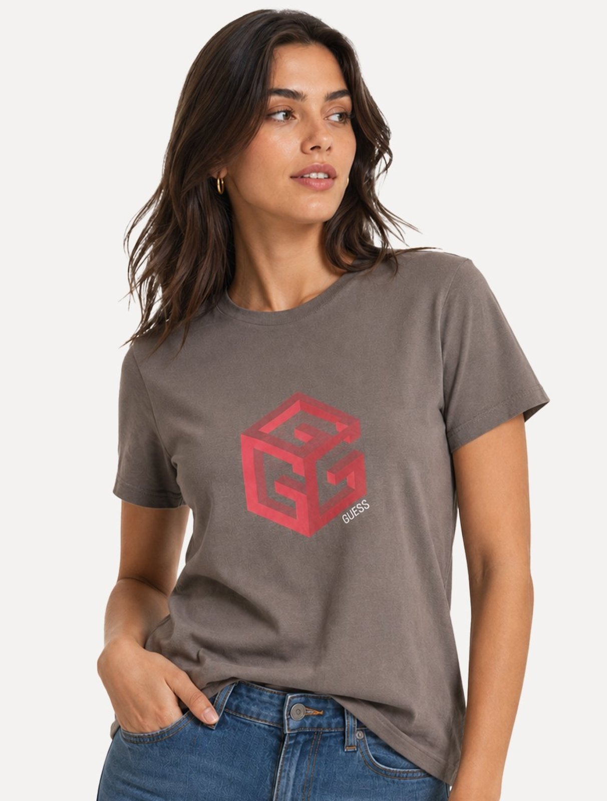 Camiseta Guess Feminina Cube 3D Logo Marrom