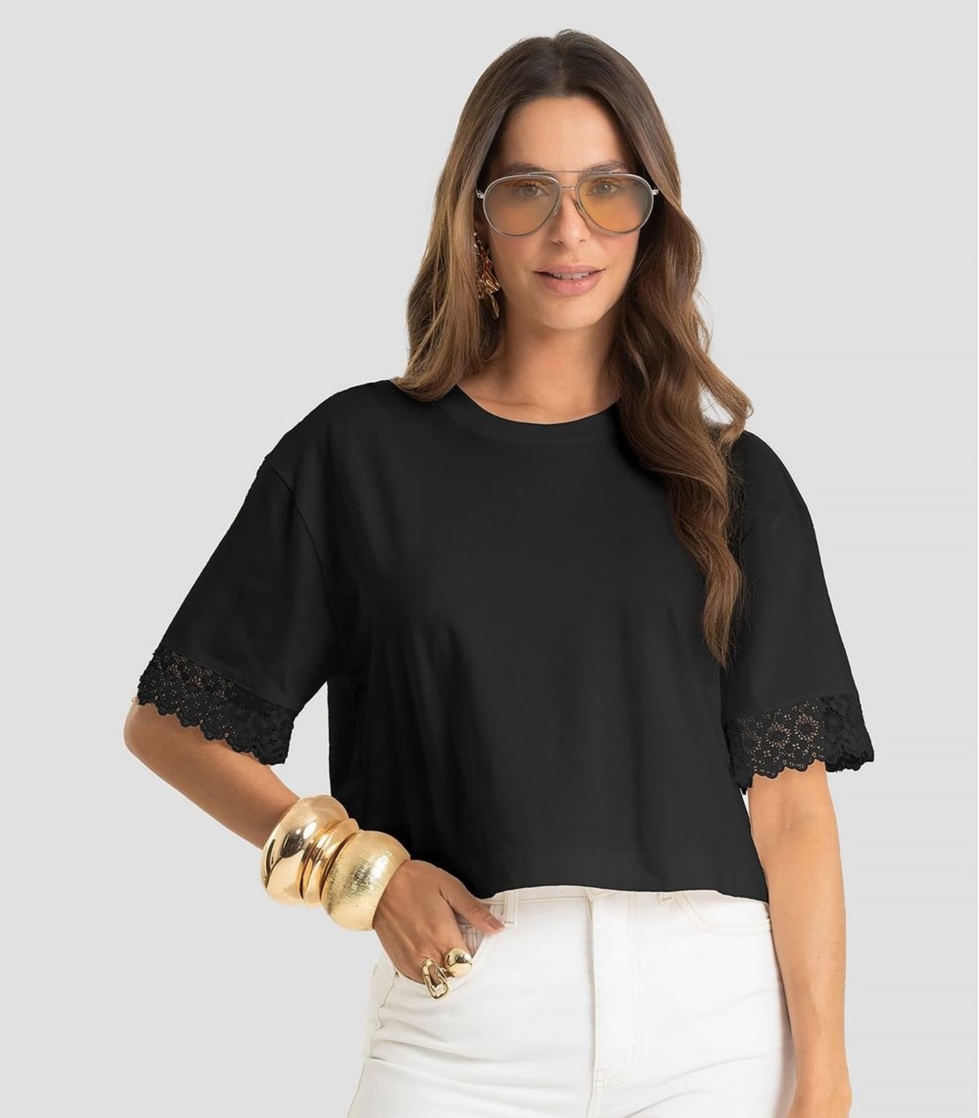 Blusa Feminina Meia Malha Renda Na Manga Dianna Preto