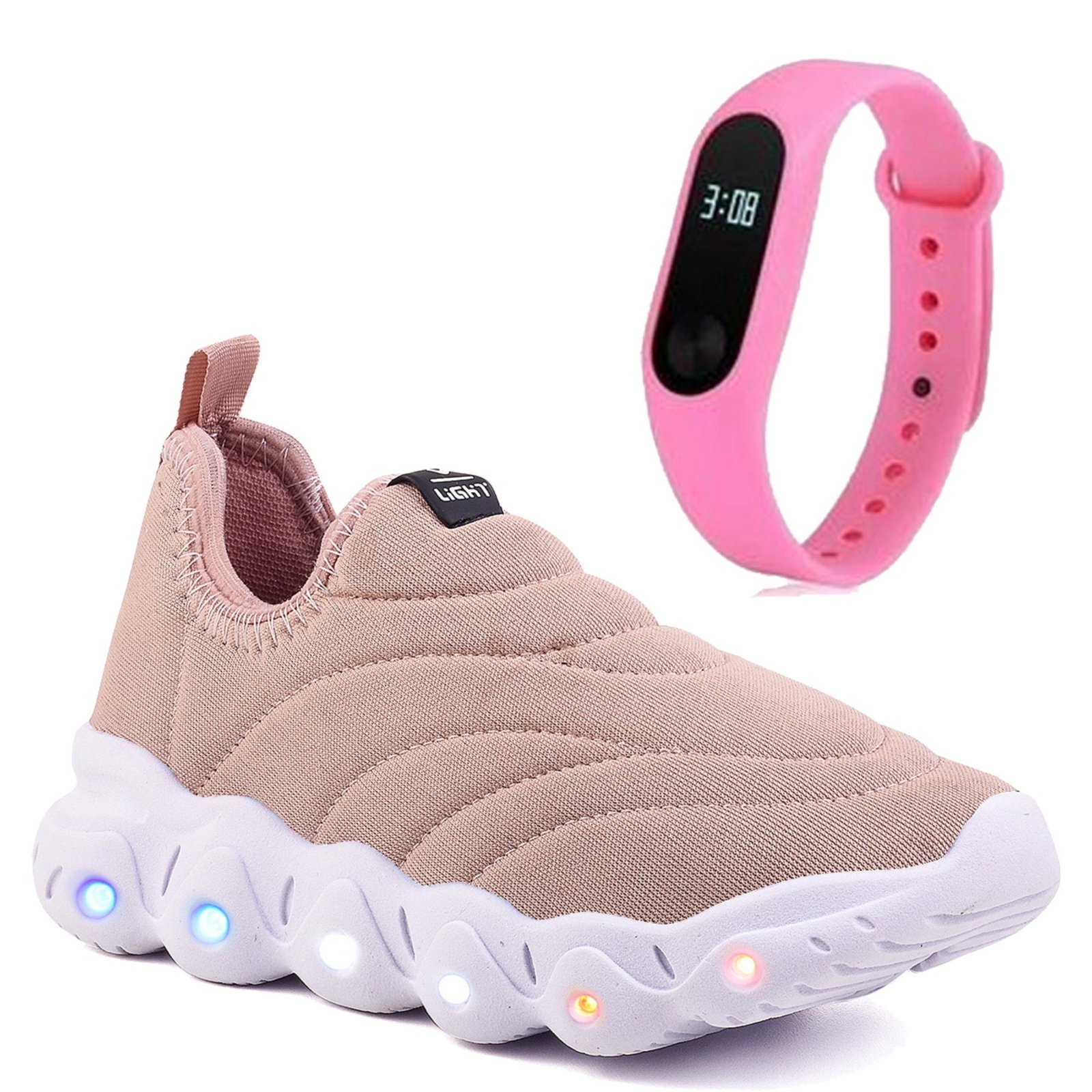 Infantil – Tenis Meia de Led Menina Calce Facil Casual Escolar Rosa + Relogio