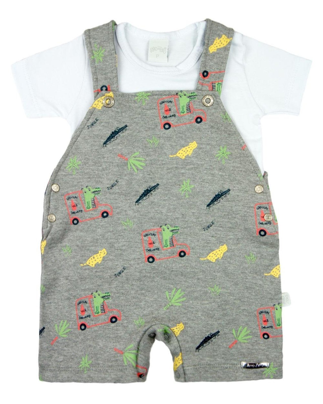 Infantil – Macacão Curto Menino Salopete Suedine Estampado Com Camiseta Jacaré e Onça – Mescla
