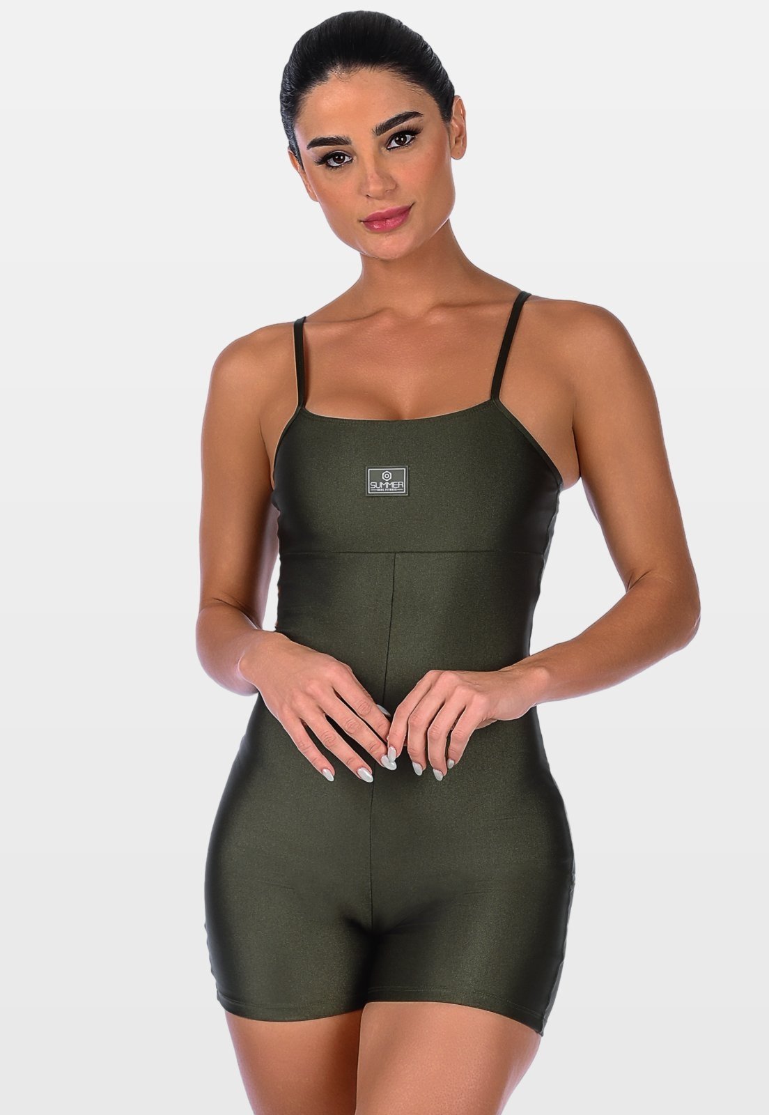 Macaquinho Curto Fitness Alça Fina Cirrê Summer Soul Sem Bojo Verde Militar