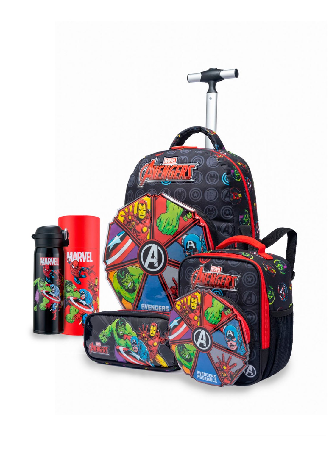 Infantil - Kit Mochila Lancheira Estojo Garrafa Escolar Avengers Marve