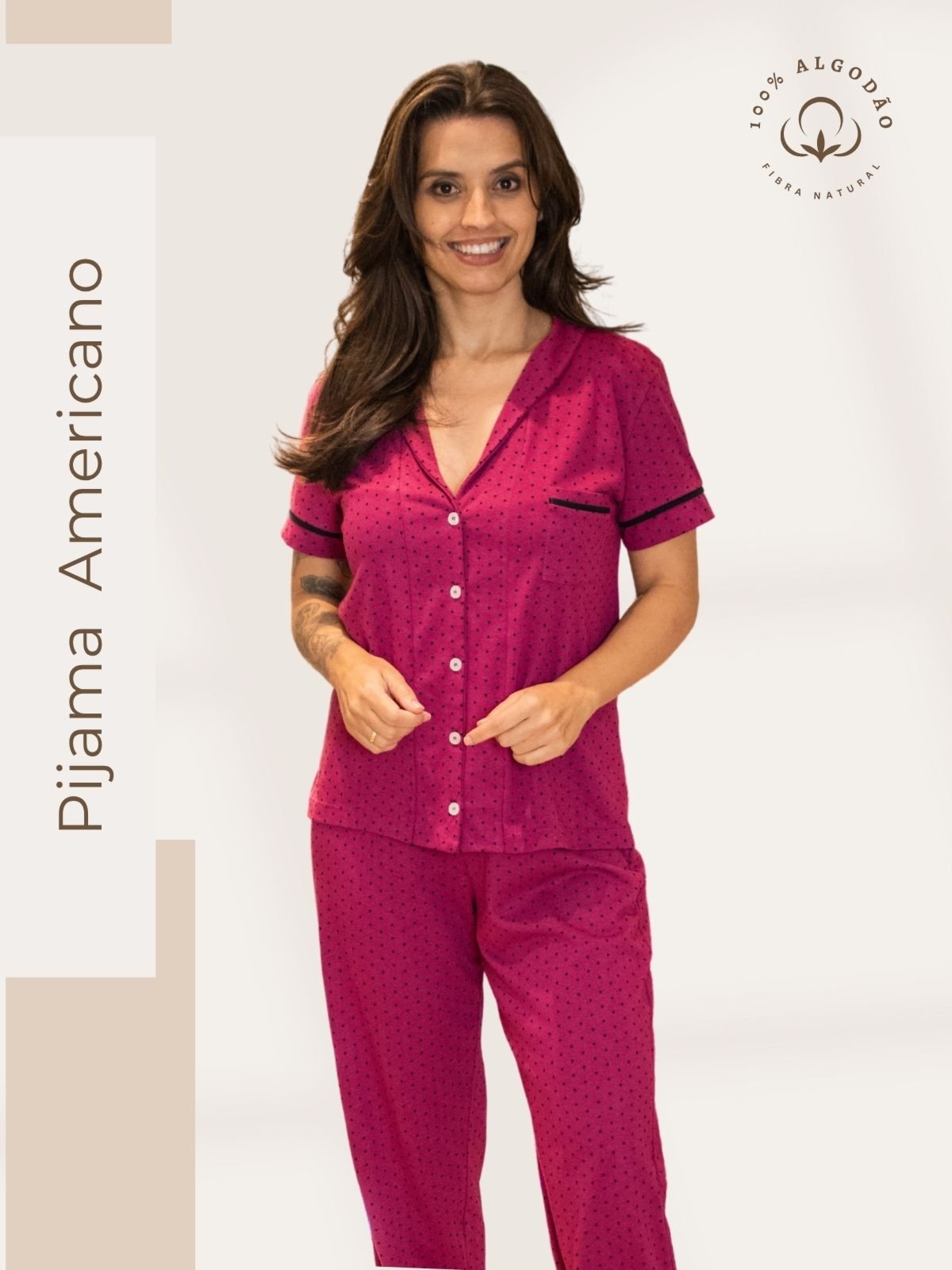 Pijama Algodão Americano Feminino Camisa Manga curta e Calça Joana – Pink Poá