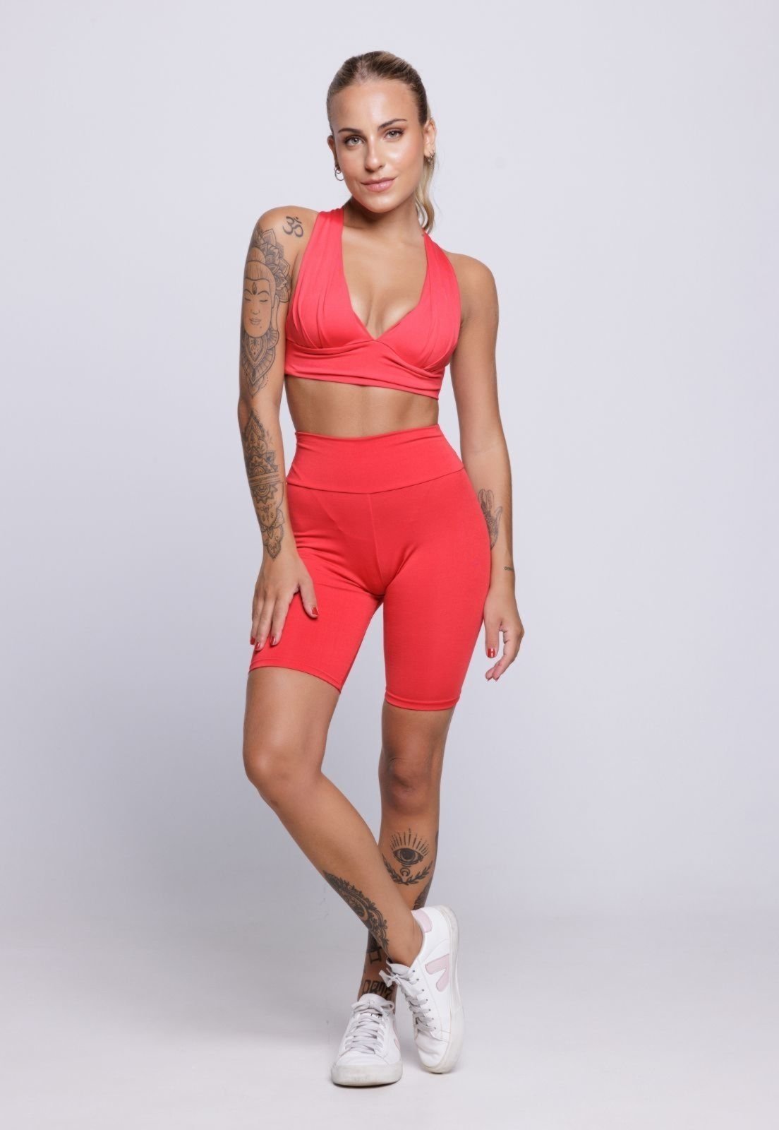 Conjunto Top Bojo e Bermudão Fitness Suplex Vekyo Bermuda Cintura Alta Alça Academia Vermelho