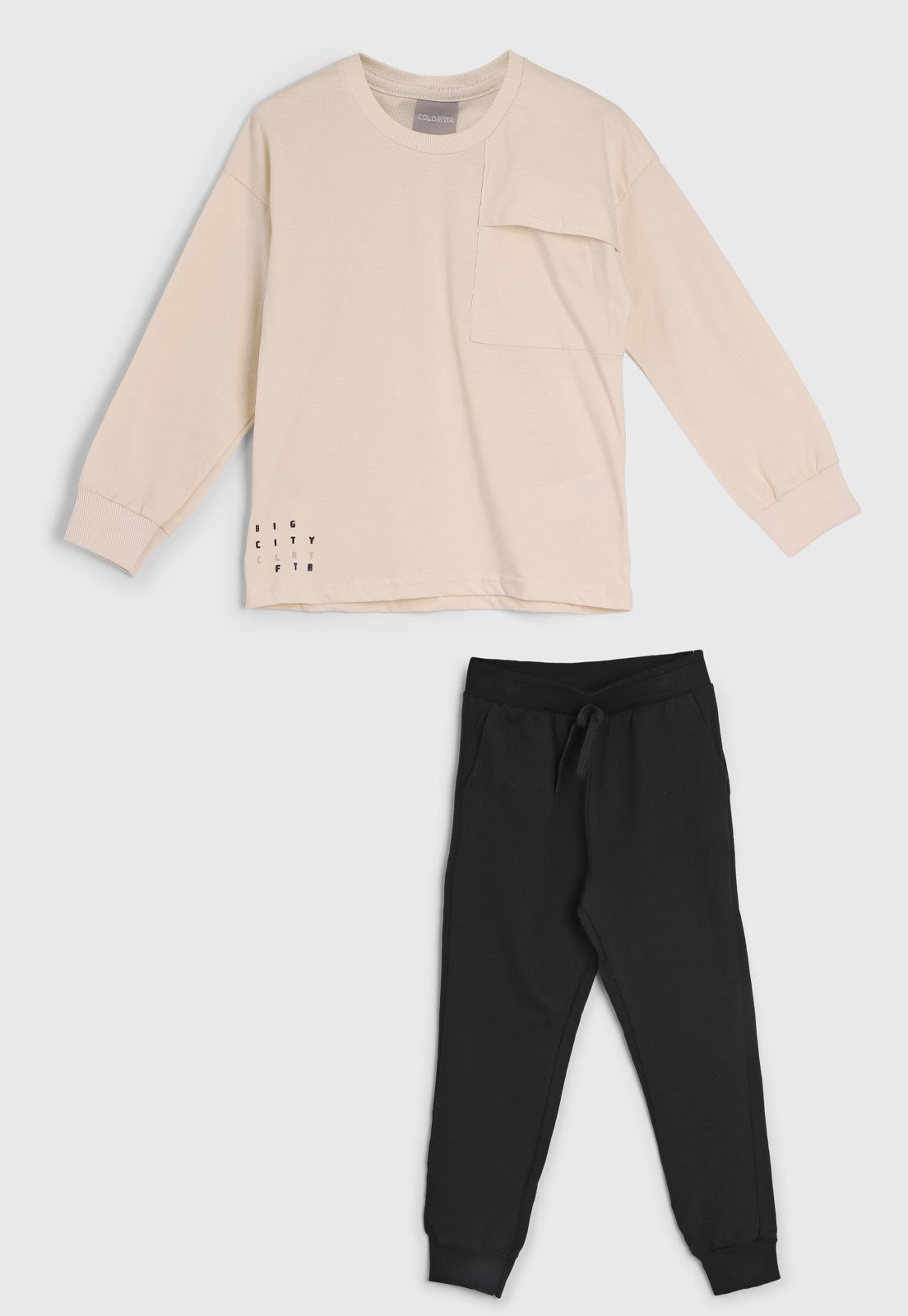Infantil - Conjunto Colorittá Camiseta Manga Longa Bege e Calça Preta