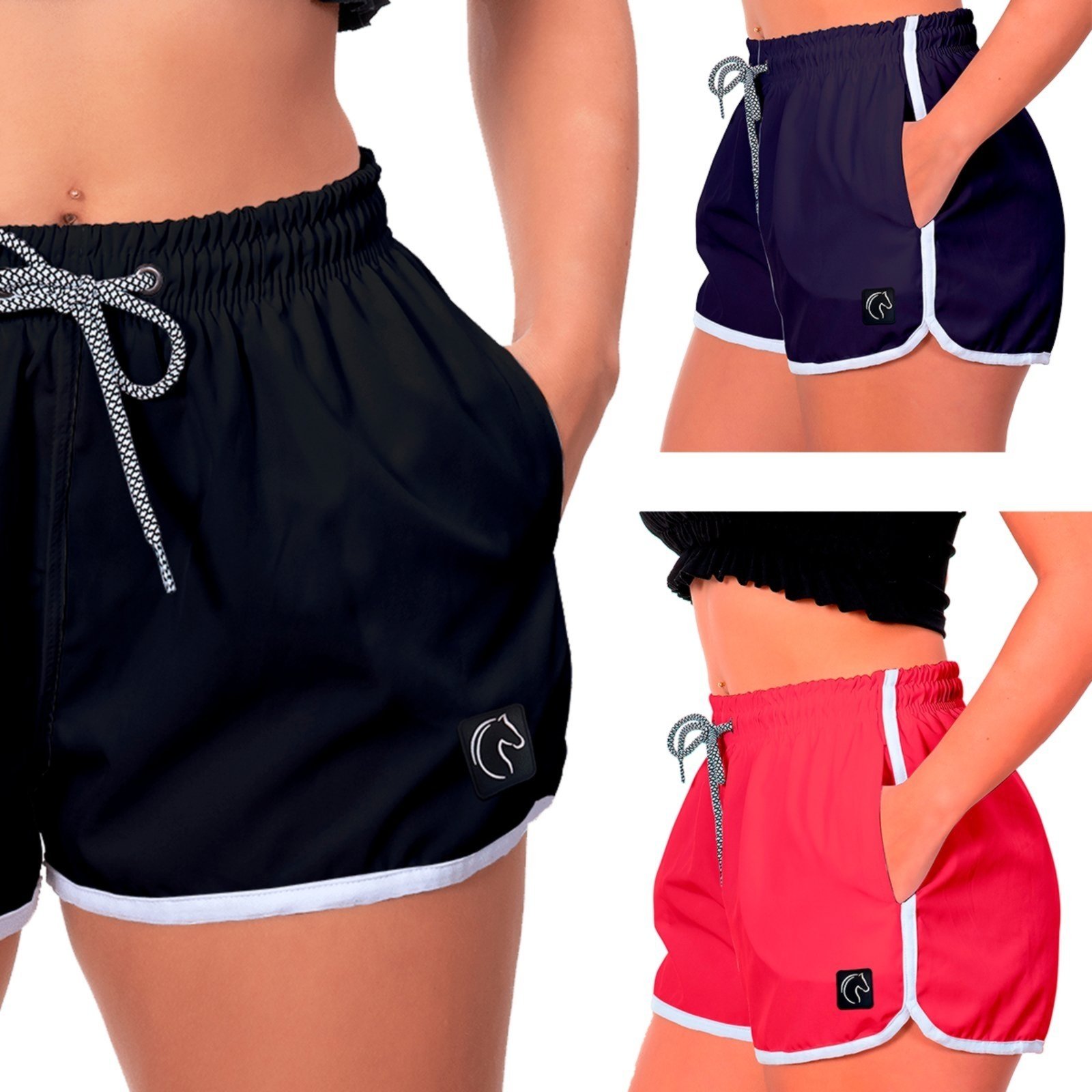 Kit 3 Shorts Feminino Premium Secagem Rápida com Elástico Cordão Ajustável e Bolsos Moda Praia Casual ou Treino Academia Preto, Azul Marinho e Rosa Pink
