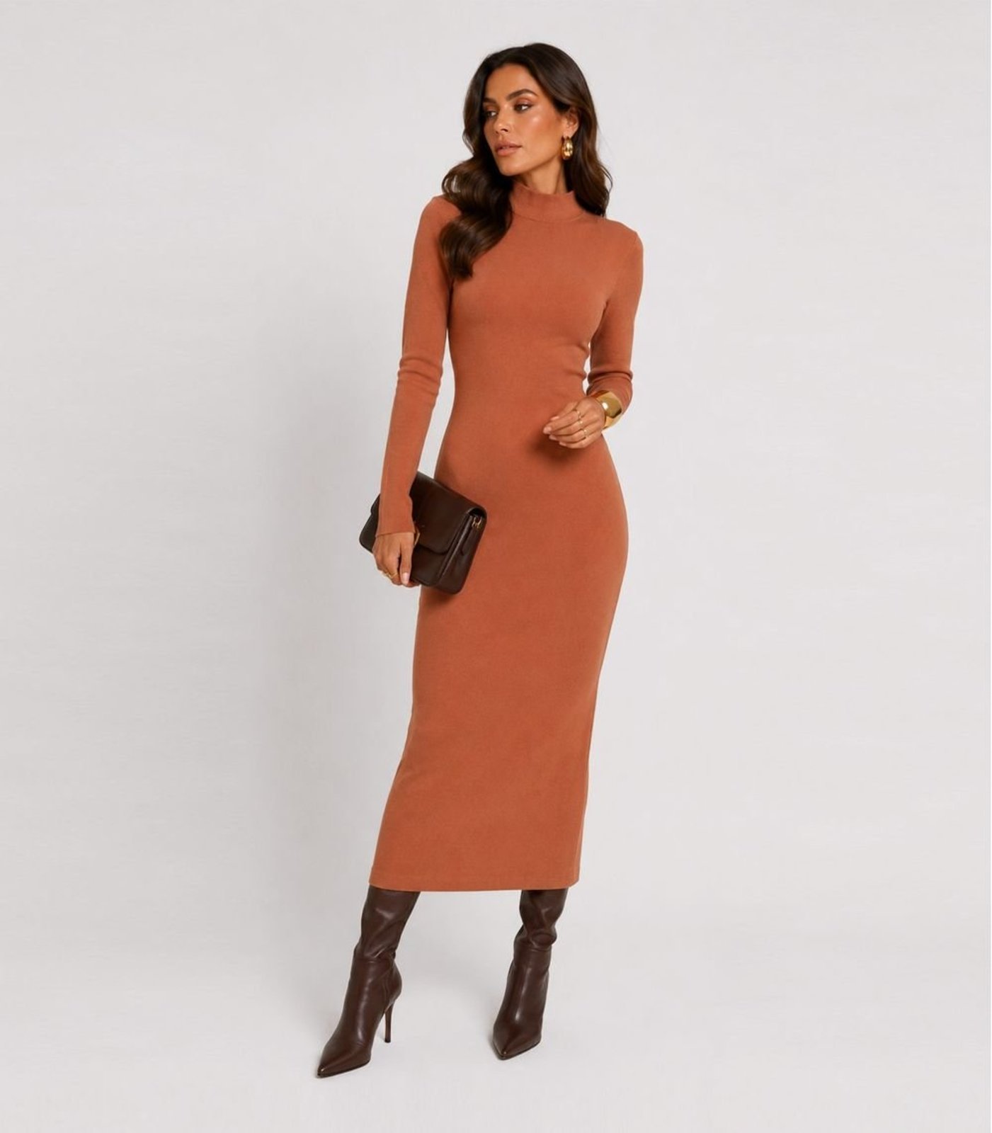 Vestido Midi Manga Comprida Gola Alta Infinita Cor Marrom
