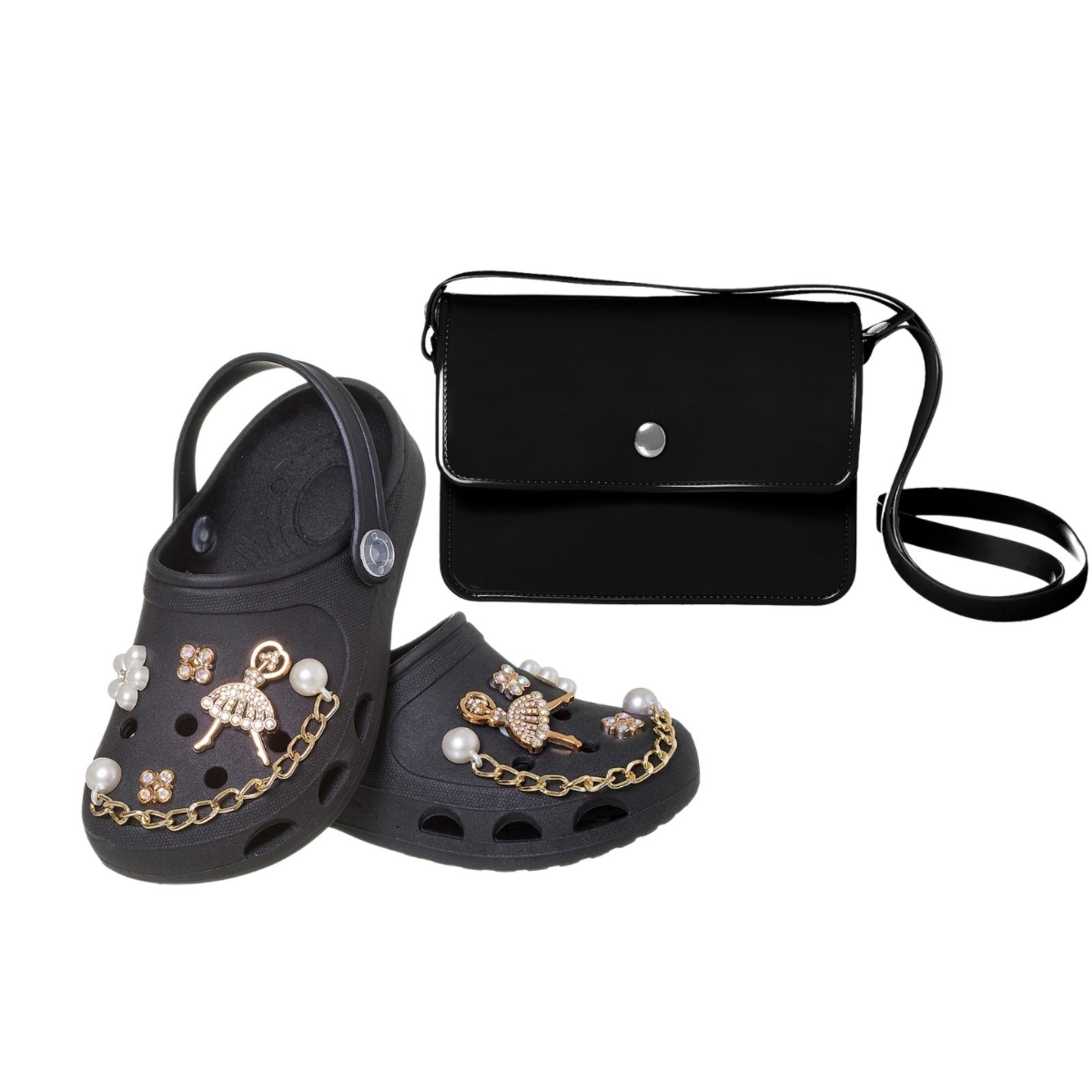 Infantil - Kit Sandália babuche com pins + bolsa transversal , modinha para meninas
