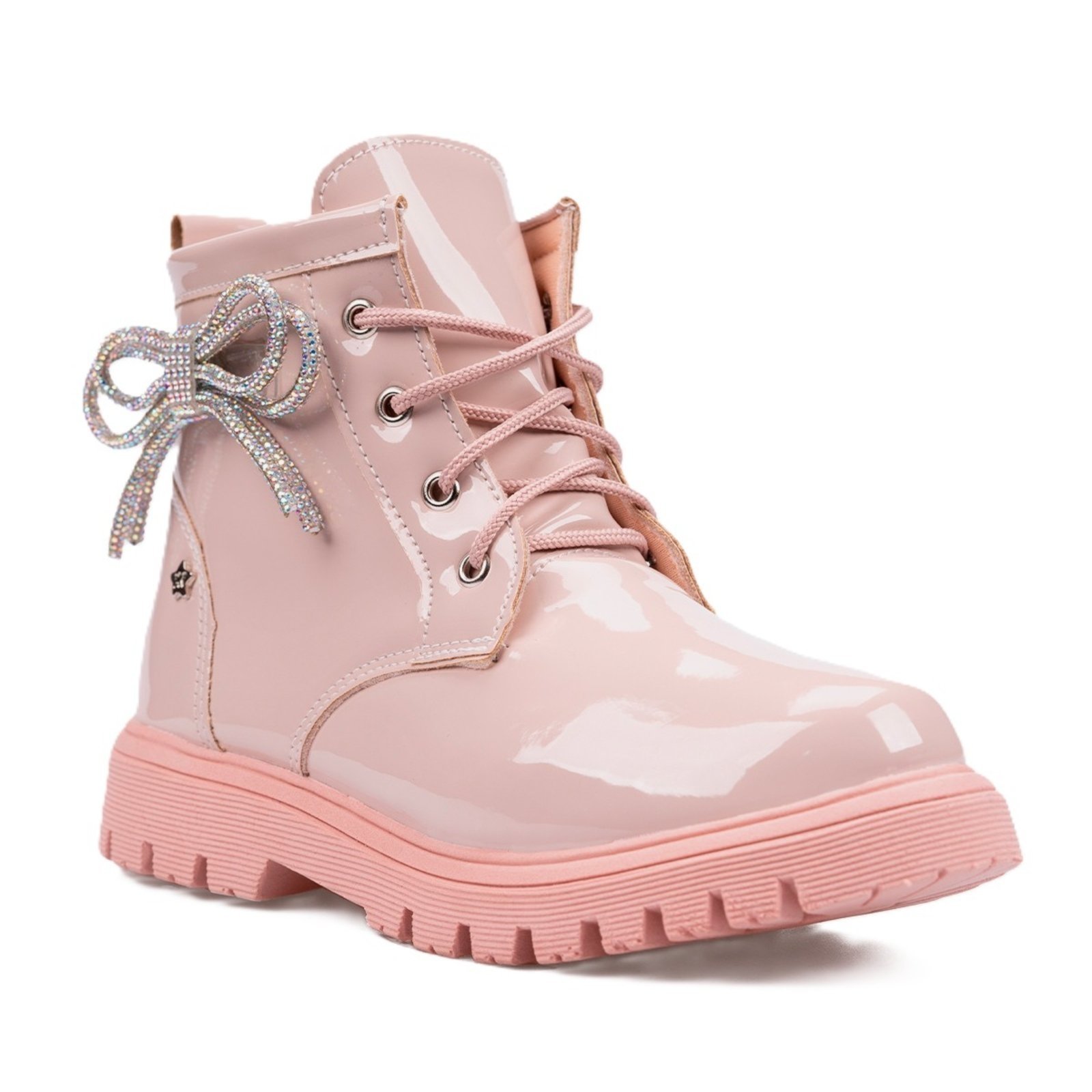 Vista 3 Infantil - Coturno Feminino Verniz Tratorado Laço Strass Moda Menina Fashion rosa Menina Fashion rosa
