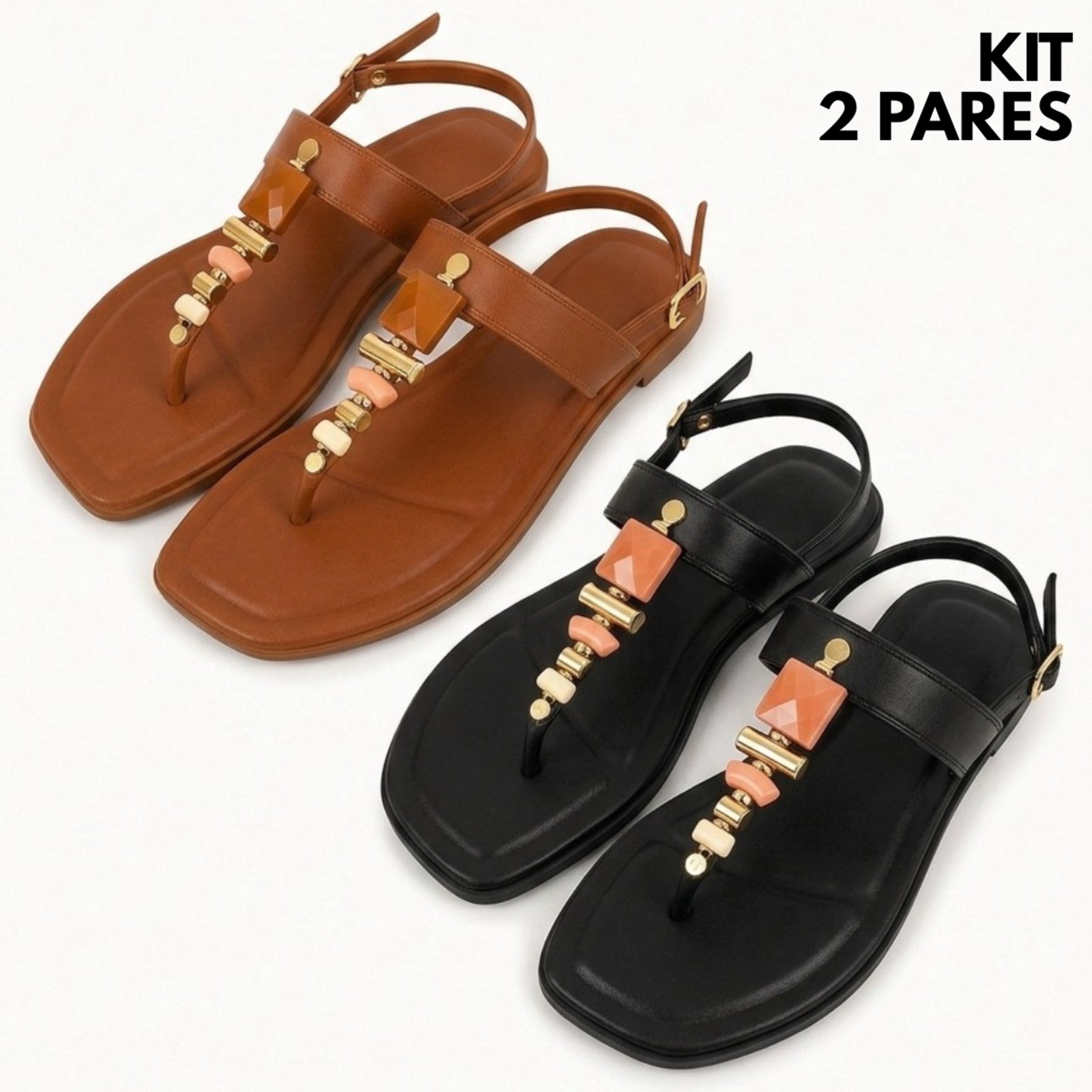 Rasteira Feminina de Dedo Pedraria Leve Confortável- Kit 2 Pares
