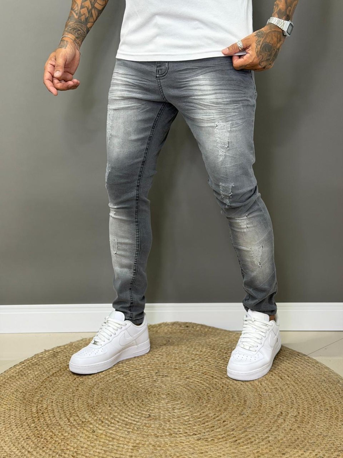 Calça Jeans Destroyed Qr Code Jeans Jogador Masculina Básica Casual Cinza
