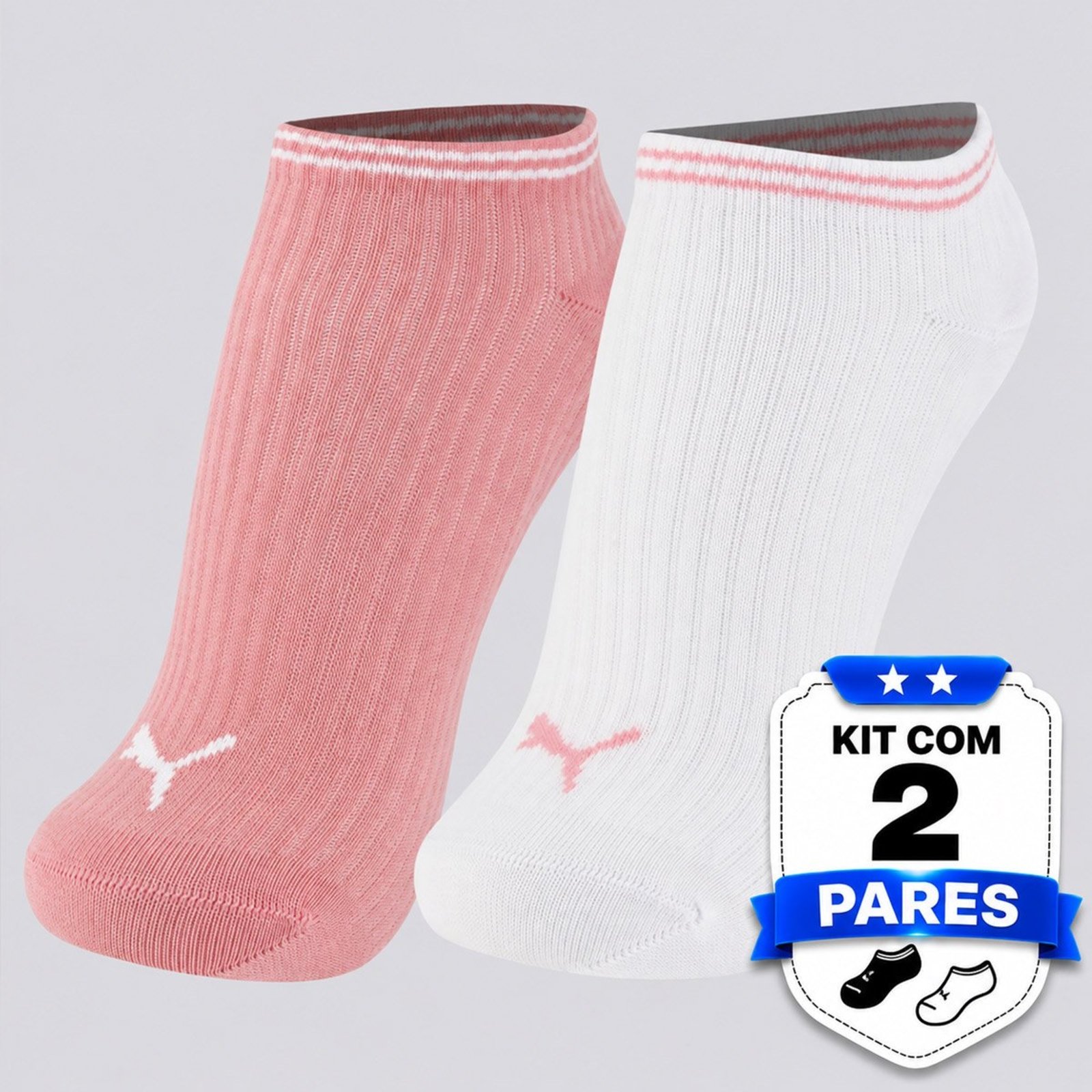 Kit Meia Puma Cano Baixo 2 Pares Feminina Rosa e Branca