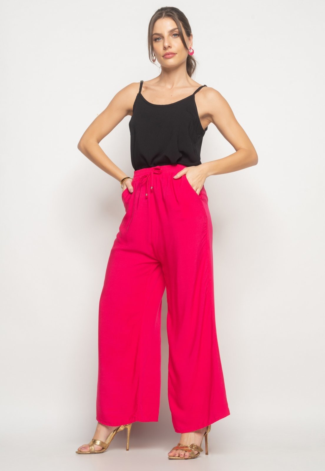 Calça Wide Leg Viscolinho Com Bolso Salvatore Fashion Rosa
