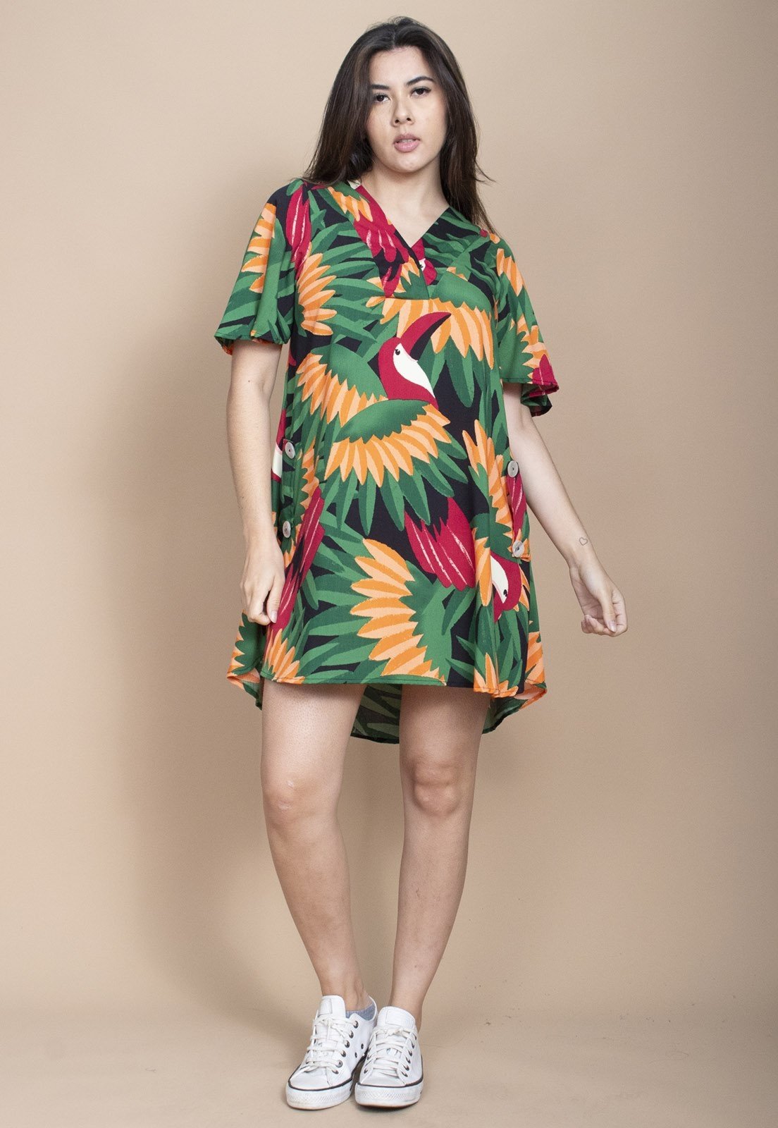 Vestido Curto Cabanafree Pataxô Viscose Mullet Decote V Festa dos Tucanos