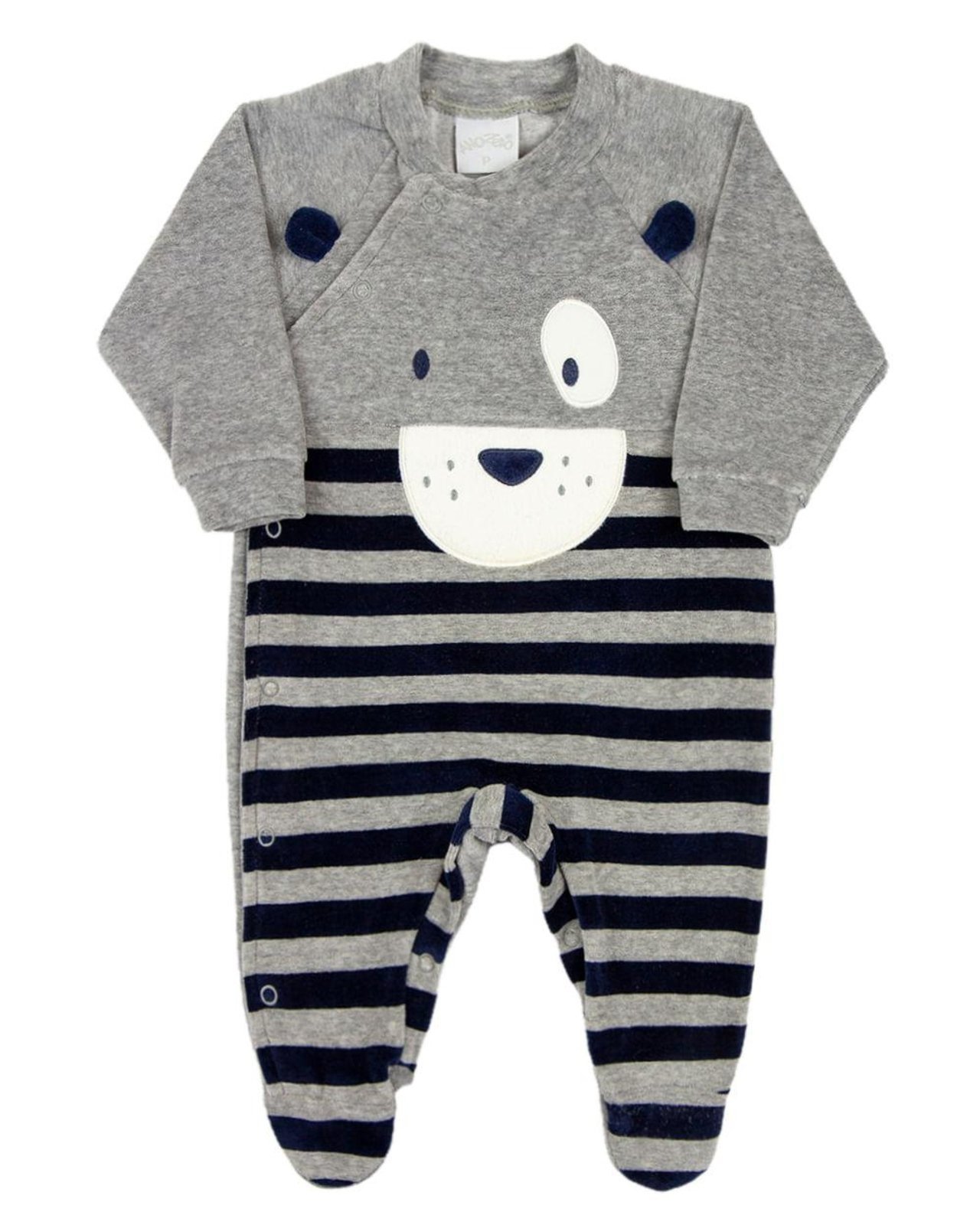 Infantil - Macacao Menino Plush Mescla e Listrado Bordado Ursinho - Marinho