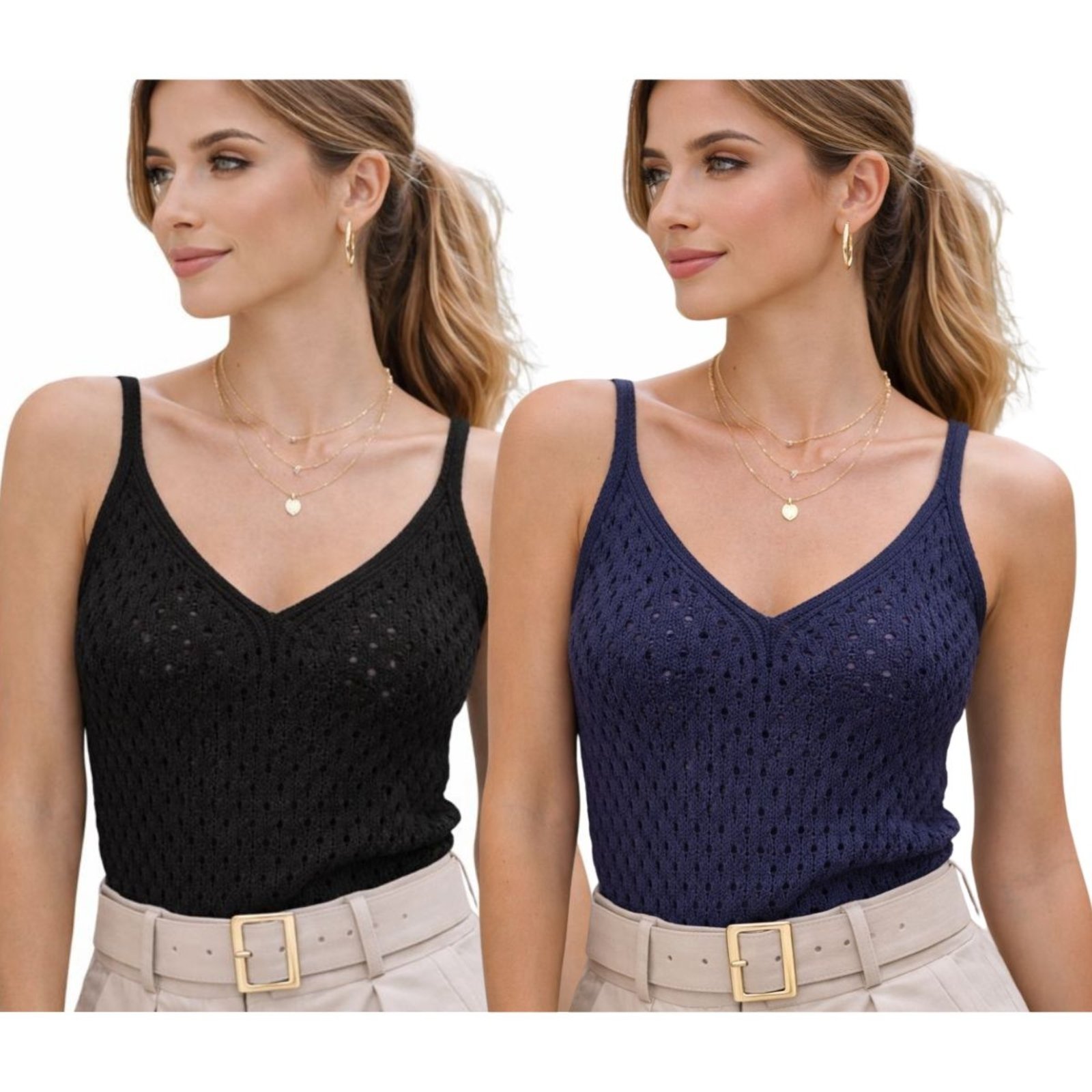 Vista 2 Kit 2 Blusas Regata FMF Feminina Tricô Alça Fina Decote V multicolorido FMF multicolorido