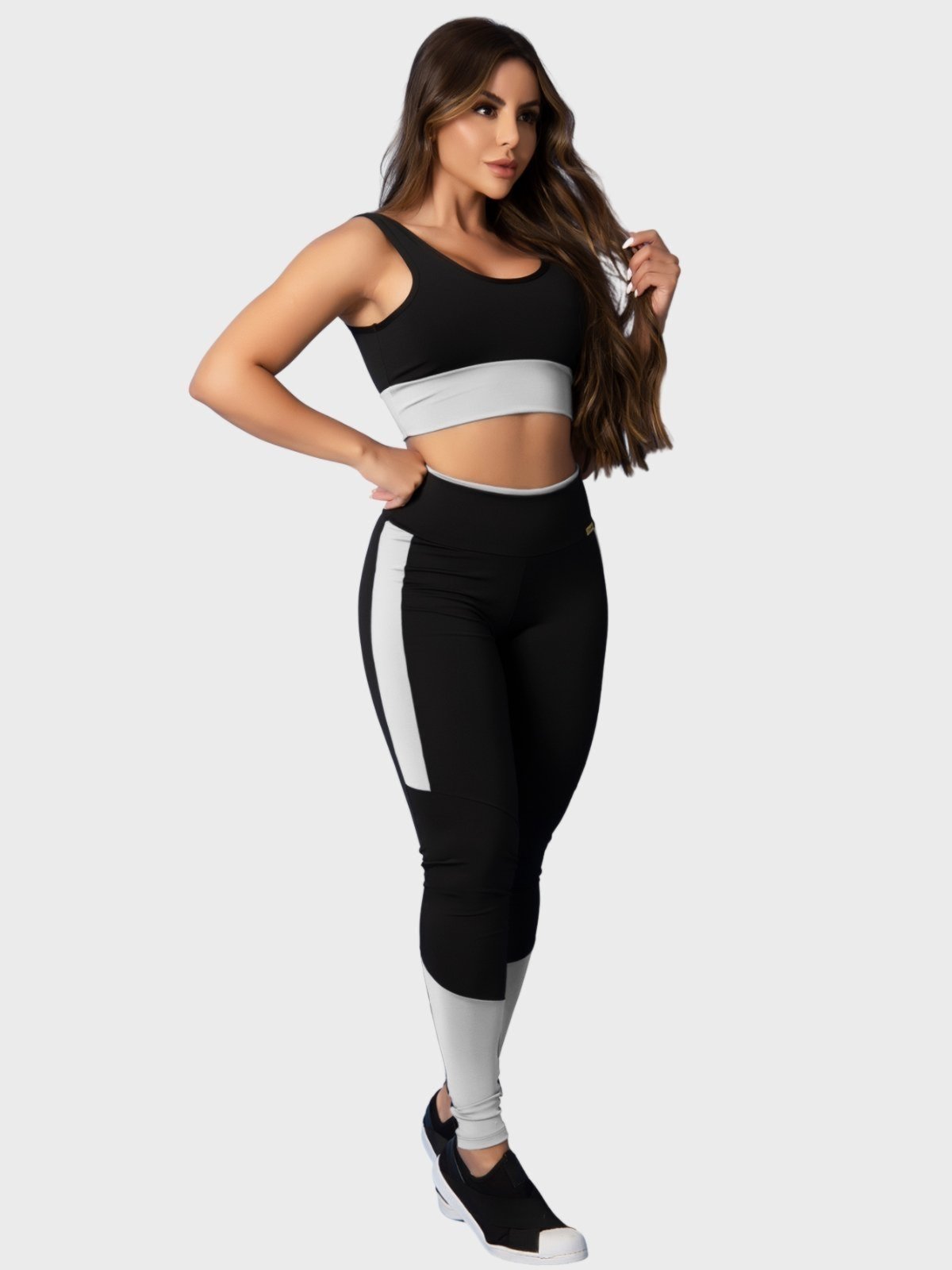 Conjunto Fitness Tarelles Top Calça Legging Cintura Alta Preto e Branco