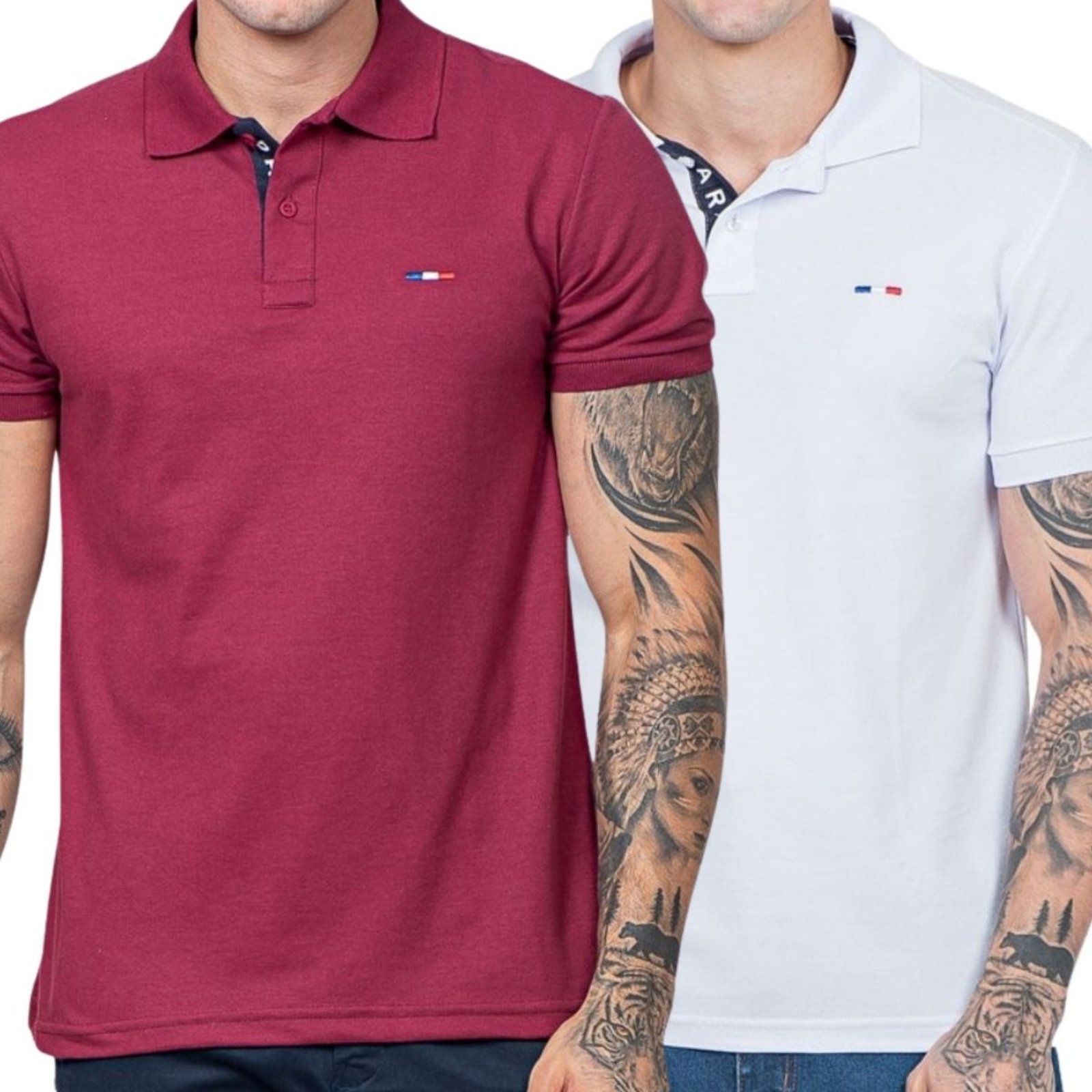 Kit 2 Polos Masculina Básicas FMF Bordô e Branco Piquet no Estilo Tommy Bordado França