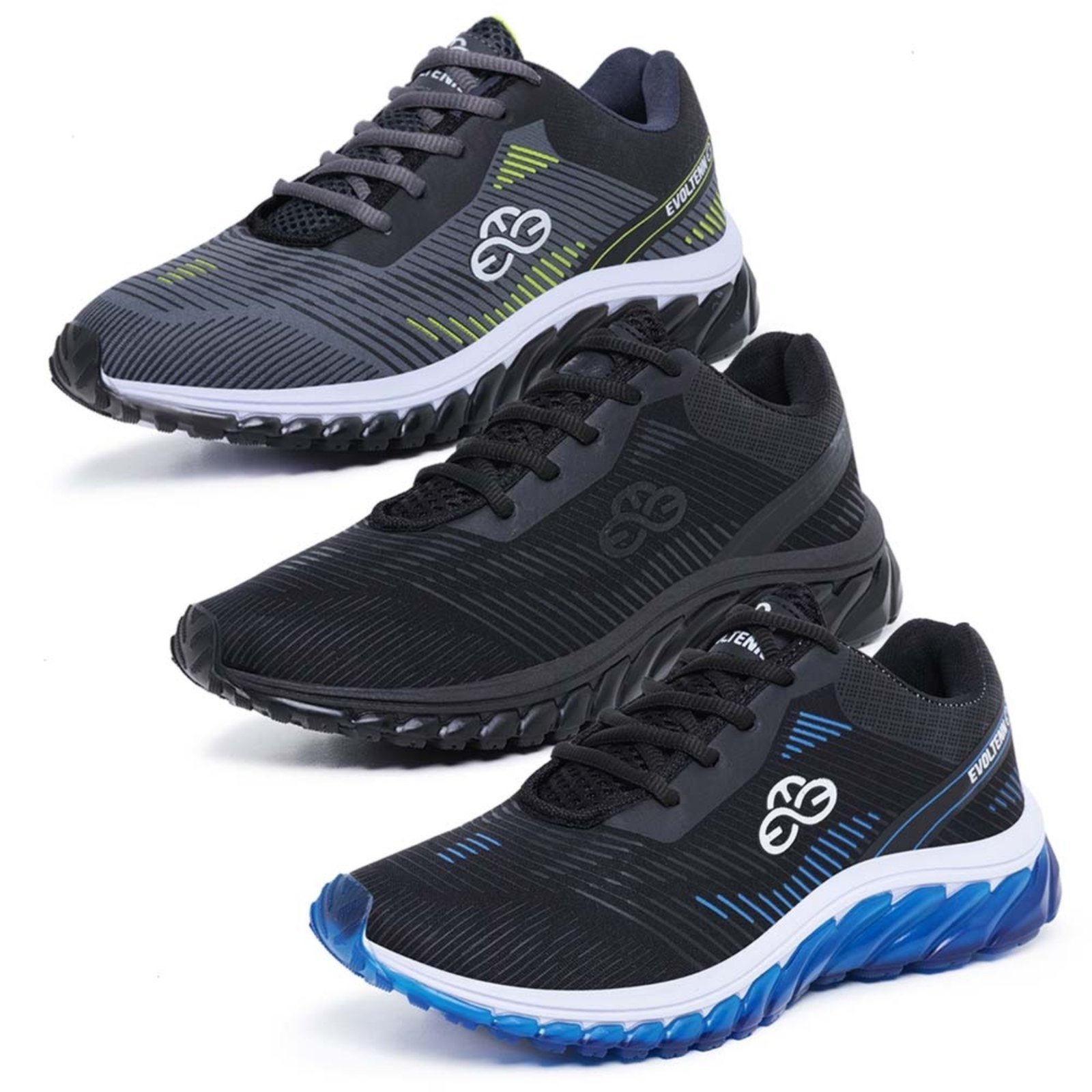 Kit 3 Tênis Masculino Esportivo Evoltenn Tube Runner Cinza, Black e Azul