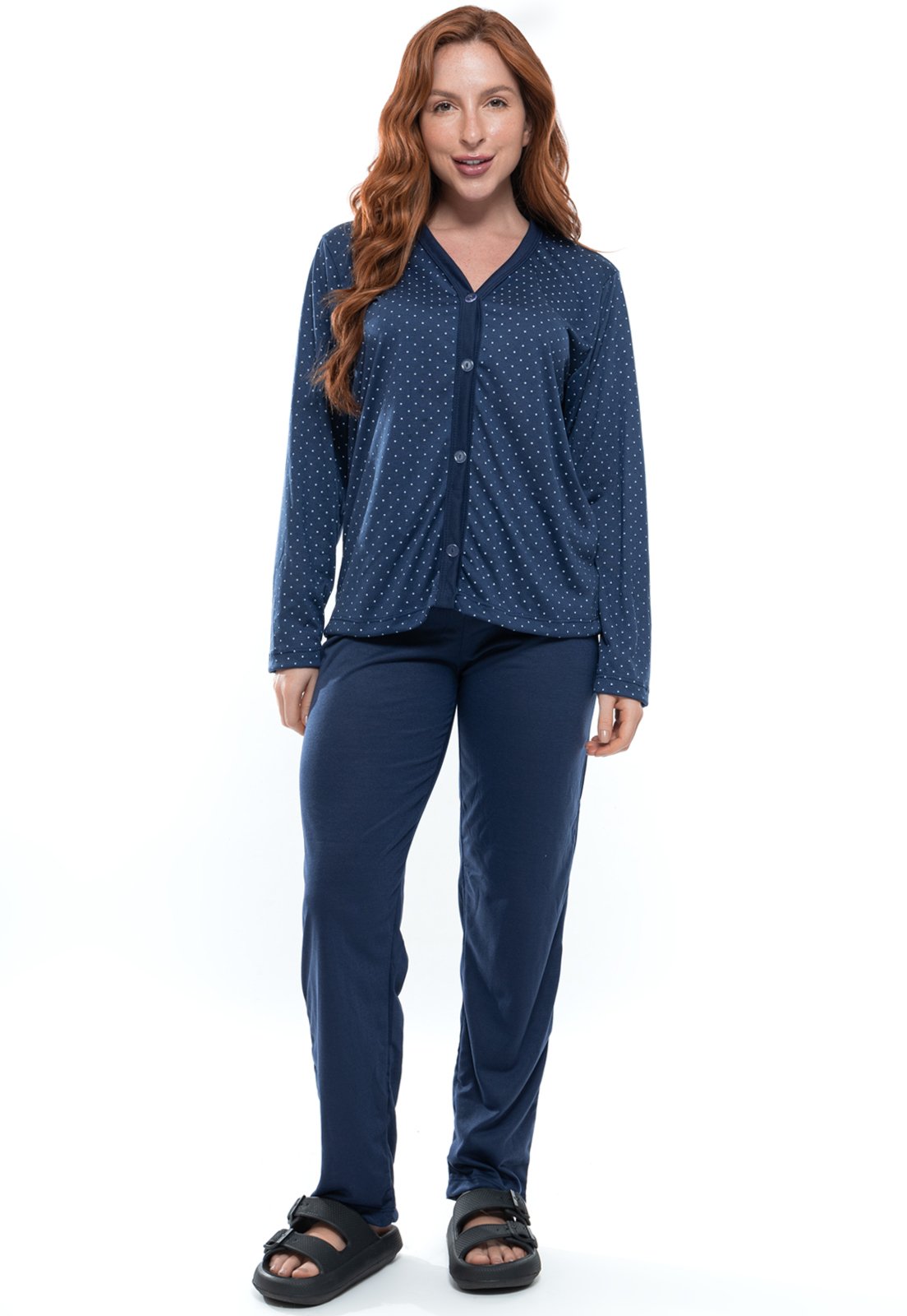 Pijama Amamentação Longo Parto Pós Cirúrgico Botao Malha Inverno Mood Modas 014 Marinho