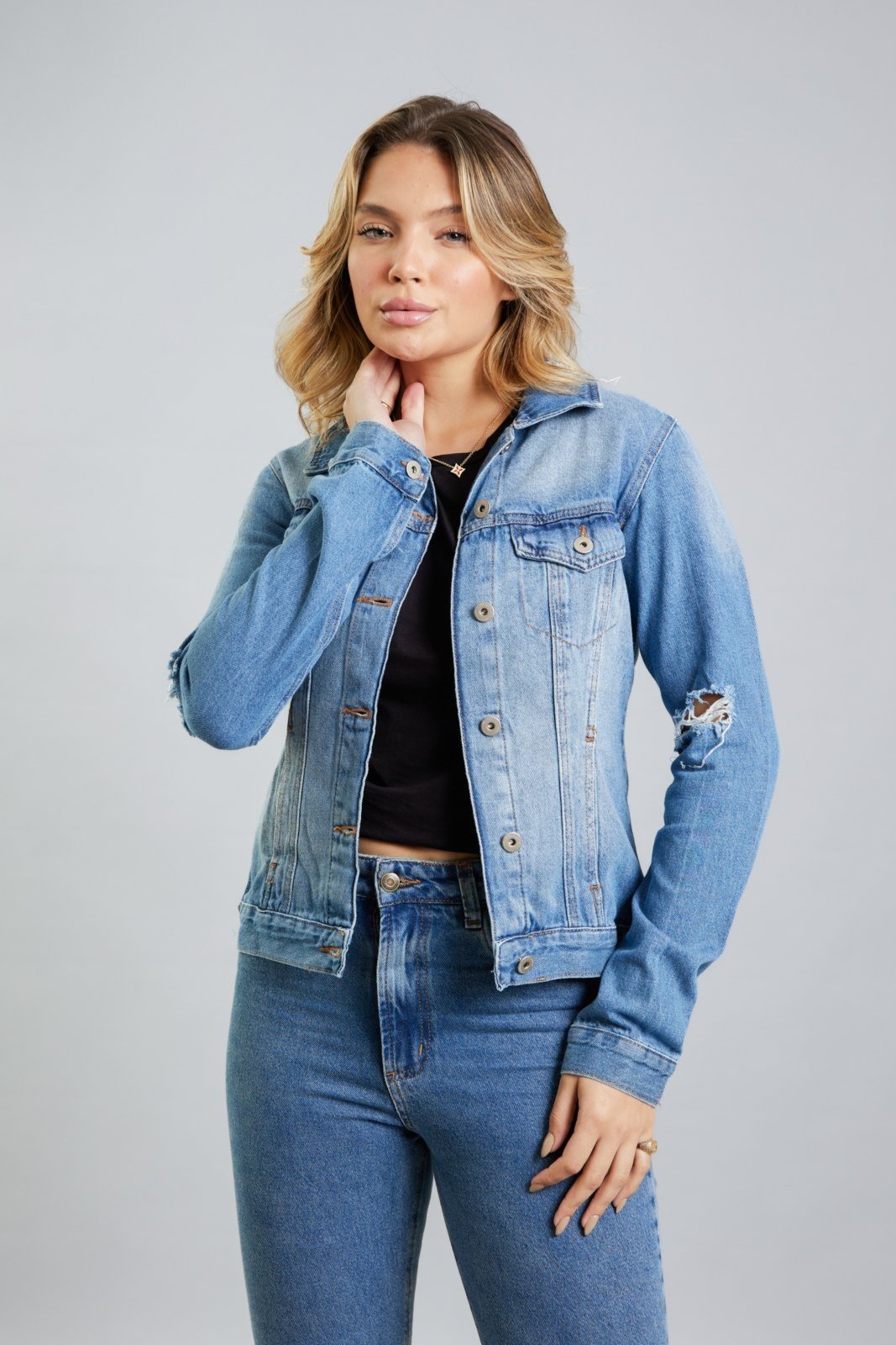 Jaqueta Jeans Feminina Tradicional Destroyed Lemier Azul