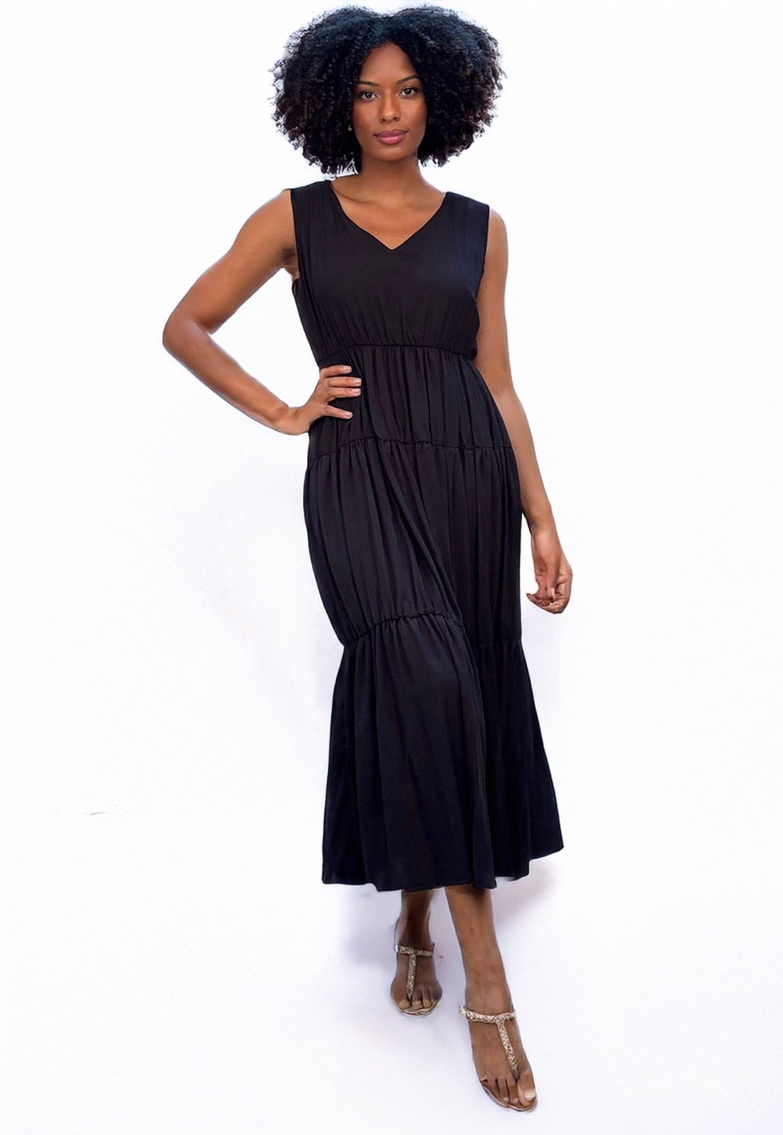 Vista 3 Vestido Amazonia Vital Regata Longo Plano Camadas preto Amazonia Vital preto
