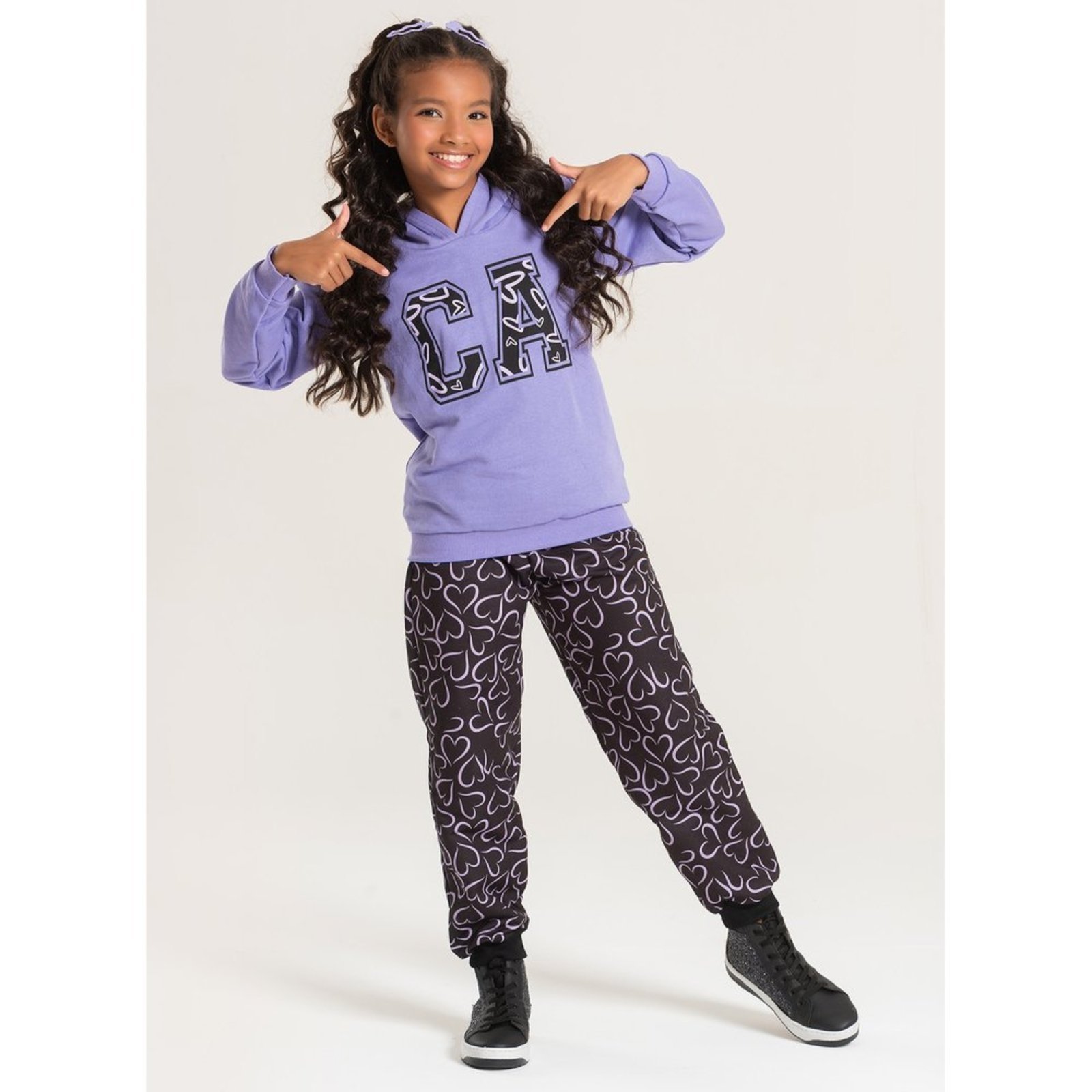 Infantil – Conjunto Inverno Menina Tulipa Blusão com Capuz e Calça em Moletom Corações