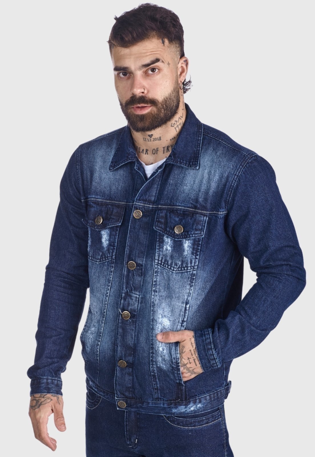 Jaqueta Jeans HNO Jeans Premium Leve Destroyed Used Azul