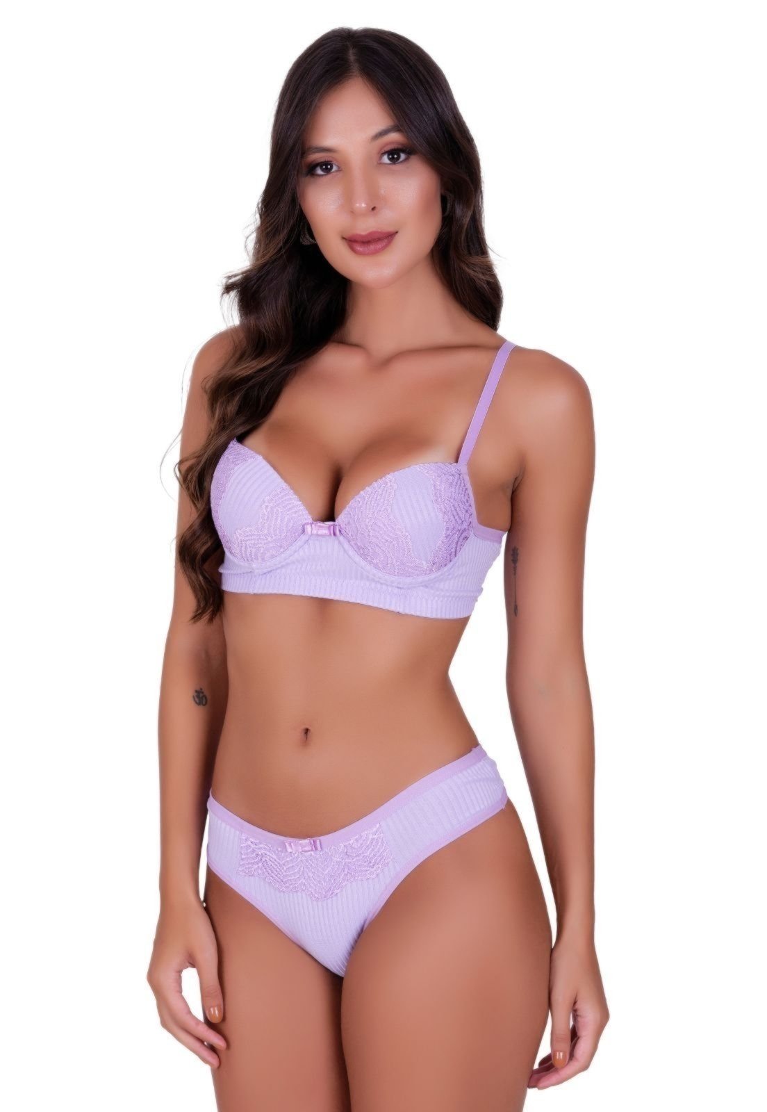 Conjunto de Lingerie Bojo Tecido Canelado com Detalhe Renda Nádia Terra e Mar Modas Lilás