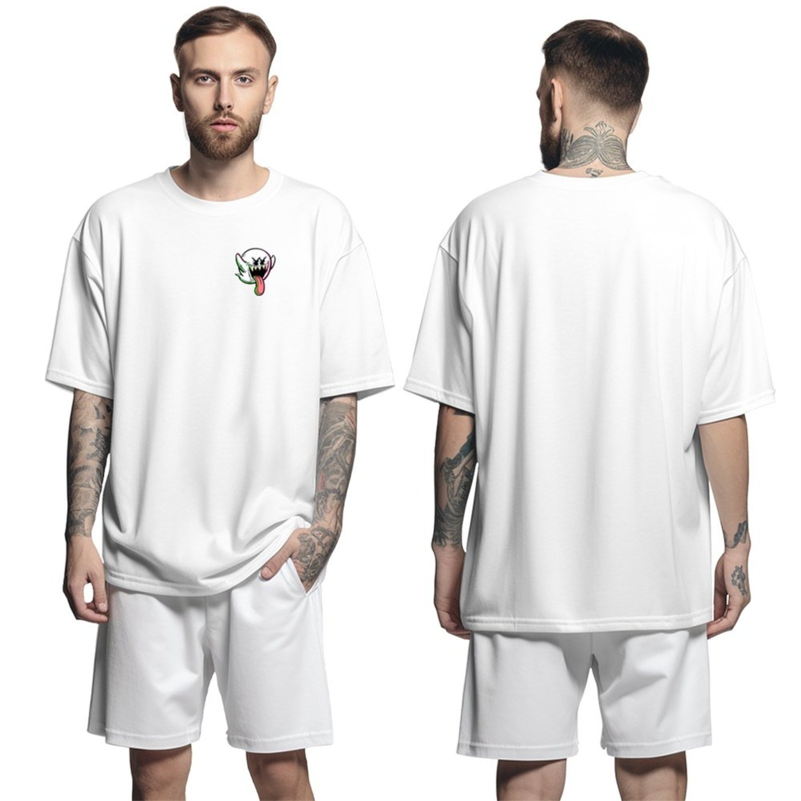 Camisa Camiseta Oversized Streetwar Genuine Grit Masculina Larga 100% Algodão 30.1 Mario Ghost Boo – Branco – P