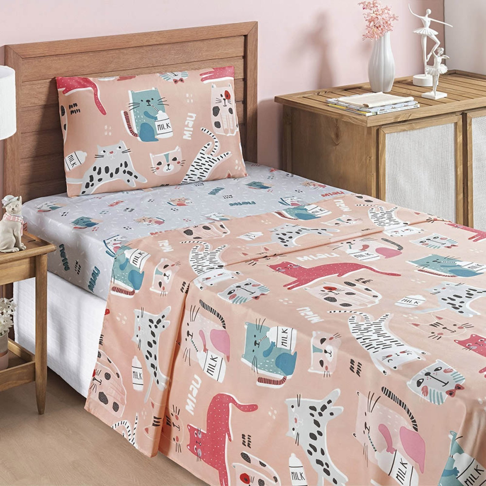 Jogo Cama Lençol Casa Scarpa Fantasy Solteiro Cama Quarto Microfibra 3 Peças Gatinha Rosê