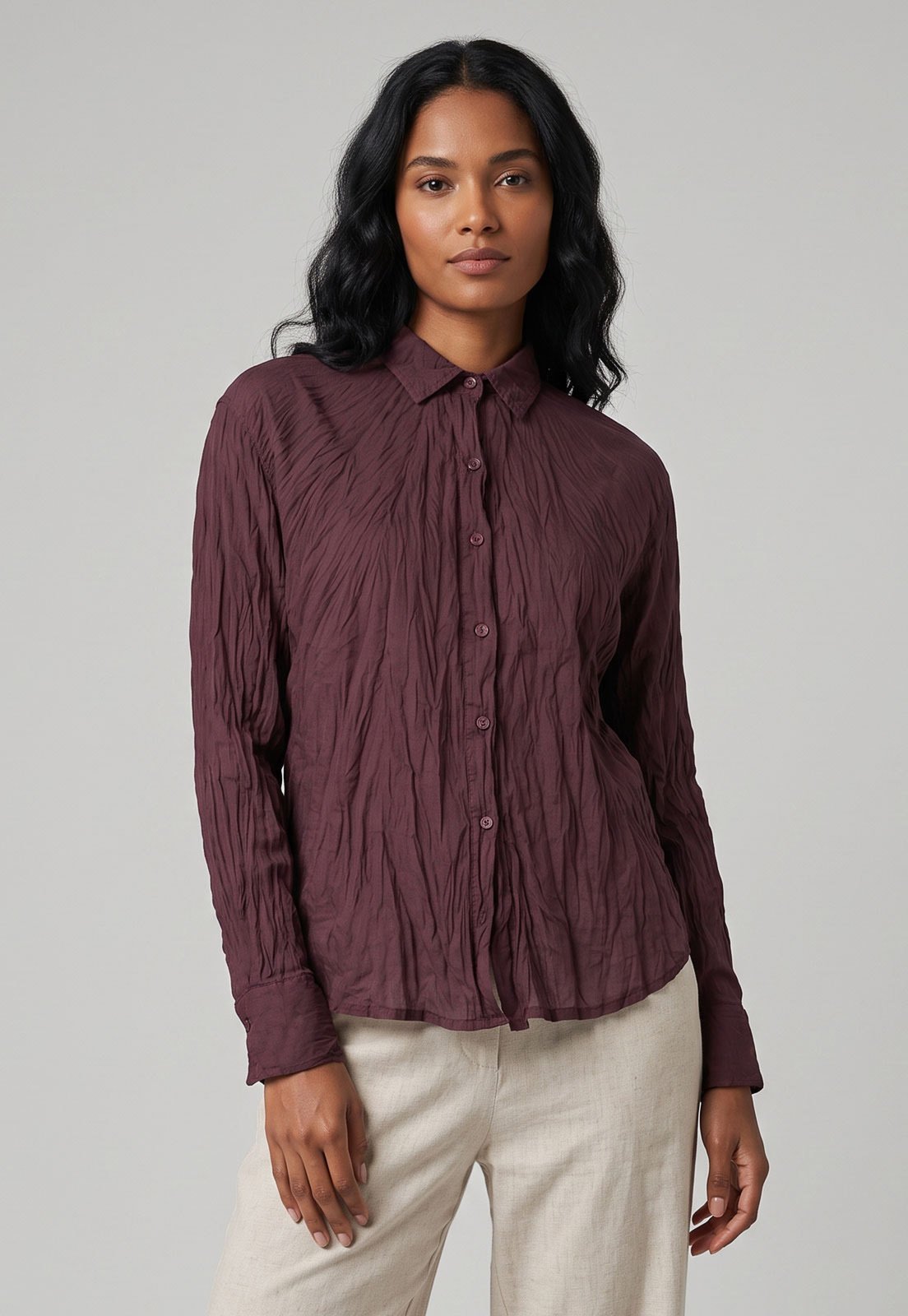 Camisa Feminina Cantão Voil Classica Texturizada Vinho