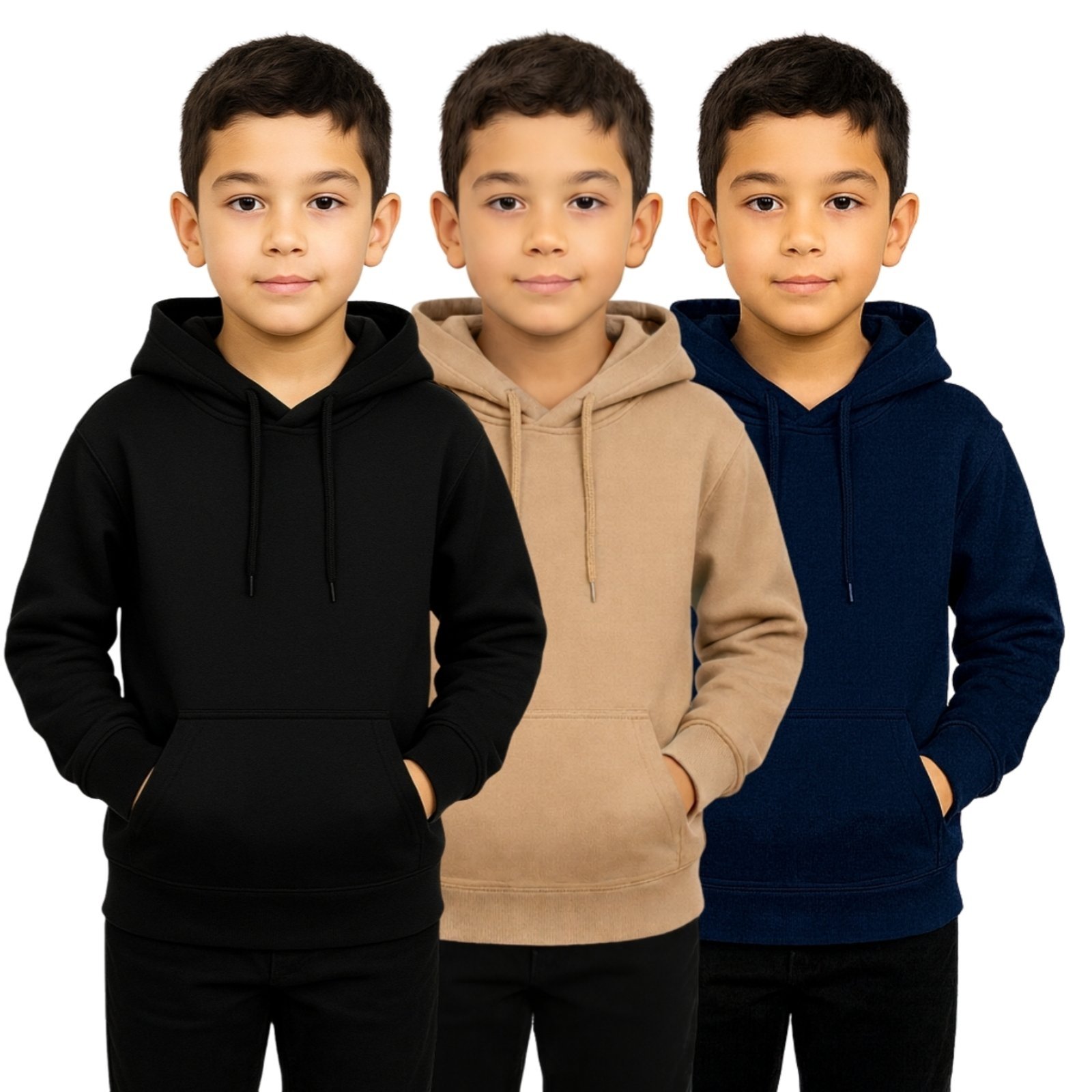 Infantil - Kit 3 Blusas de Moletom Liso Relaxado Canguru Com Capuz Macio Quente