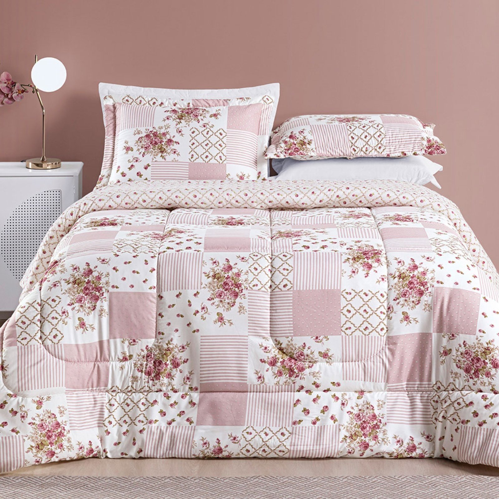 Kit Edredom Casa Scarpa Dallas Super King Dupla Face Microfibra 3 Peças - Rosa Matura Patchwork
