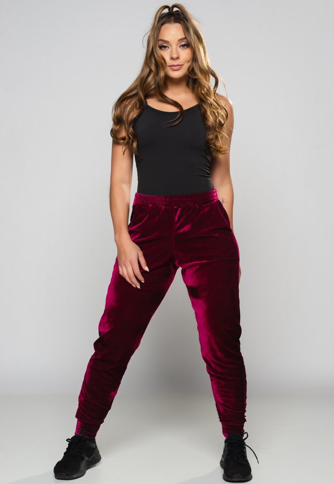 Calça Ribana Jogger MVB Modas Veludo Cintura Alta Vinho