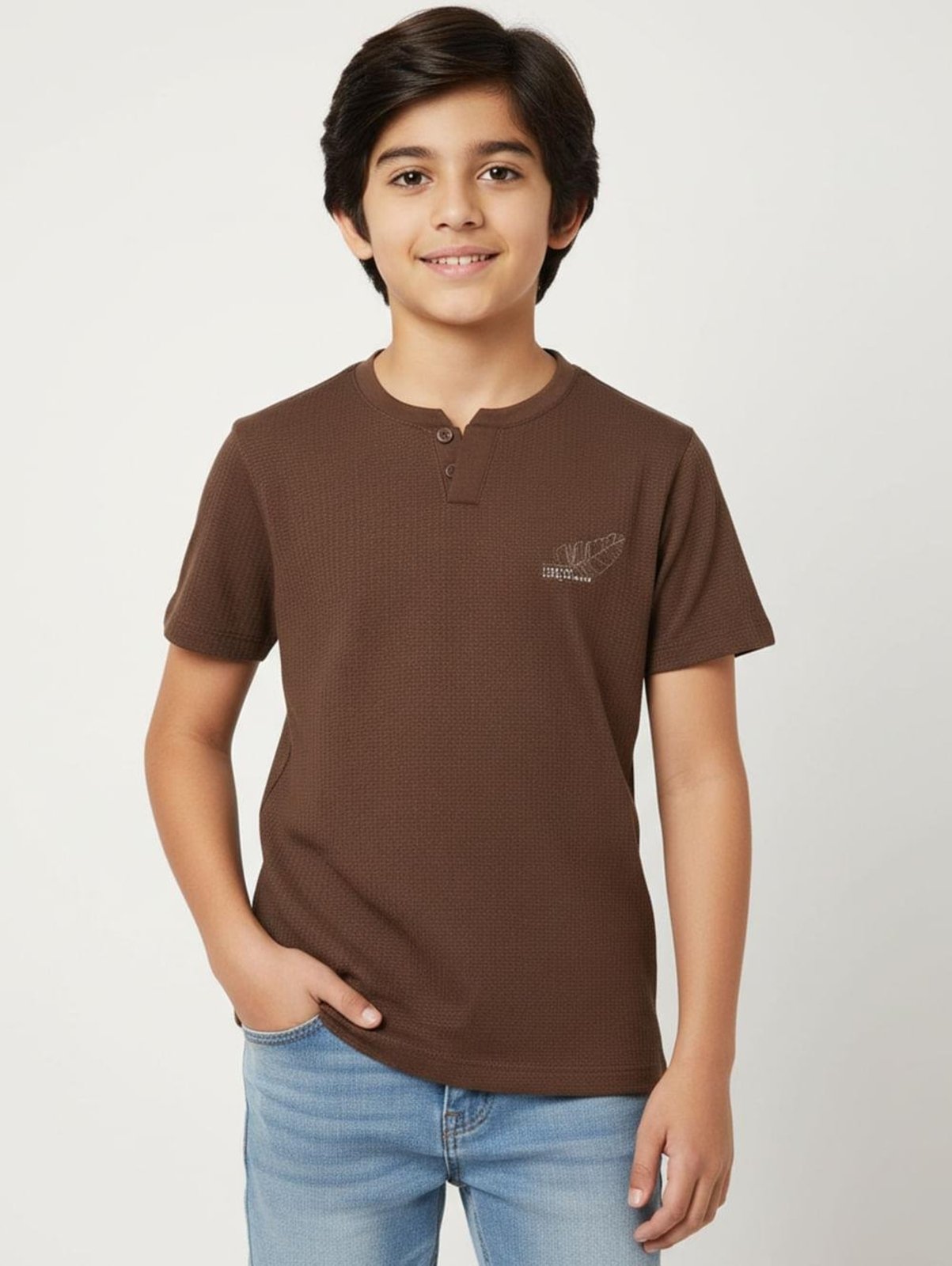 Infantil - Camiseta Tricot Manga Curta Juvenil Para Menino - MARROM