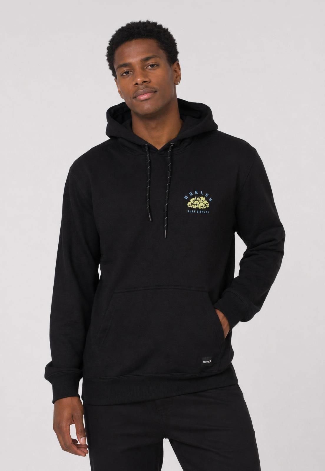 Blusa de Moletom Masculina Hurley Capuz Estampa Preta
