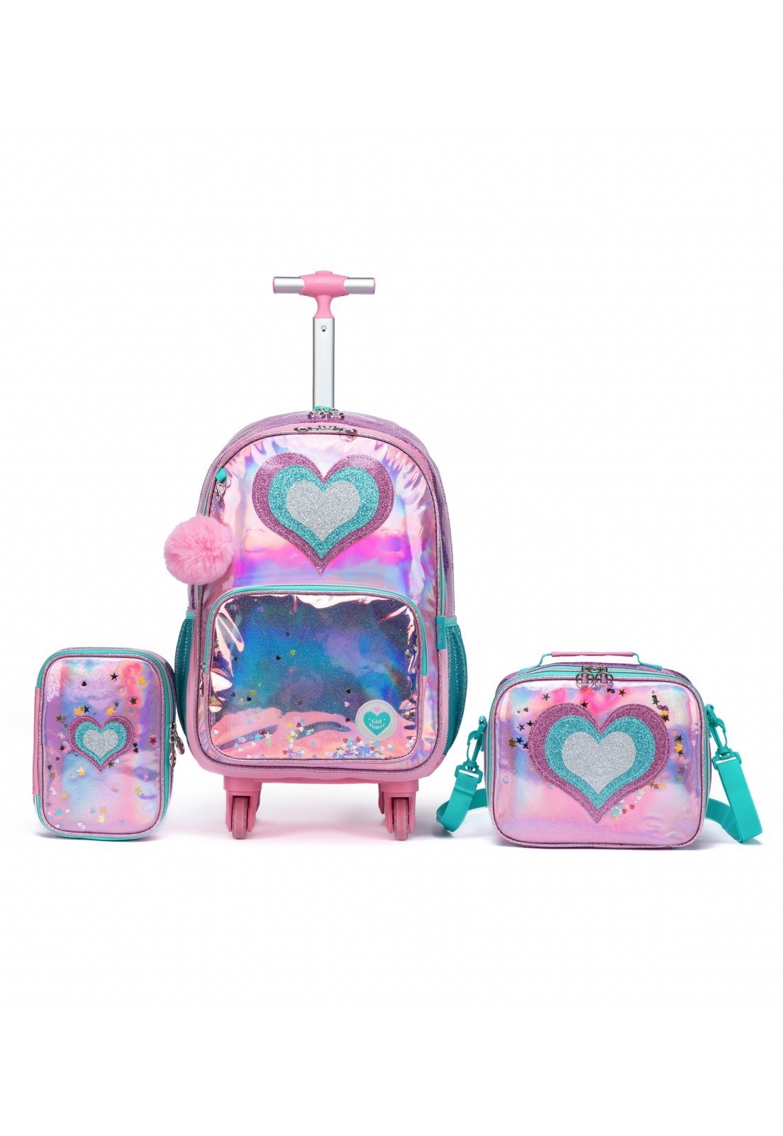 Infantil - Kit Mochila De Rodinhas Juvenil Coração Resistente Escolar Polo One