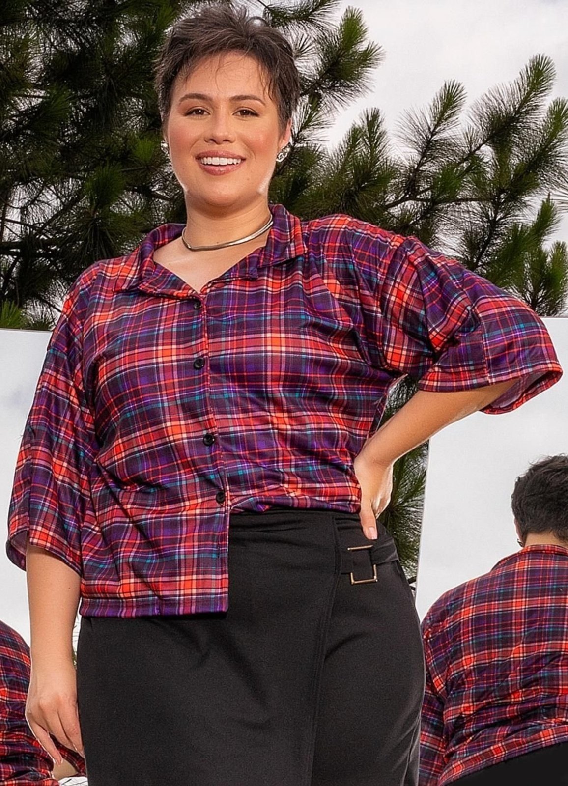 Camisa Em Jersey Acetinado Xadrez Vibrante Marguerite