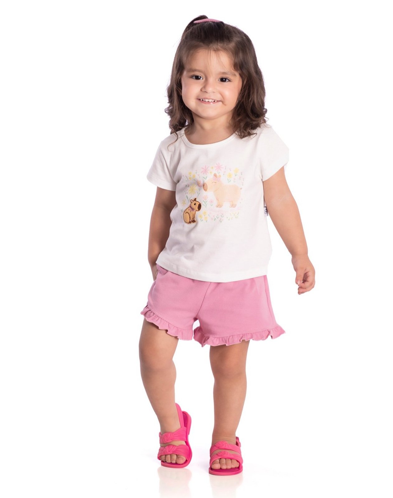 Infantil - Conj. blusa manga curta off white capivara + shorts malva claro babadinhos