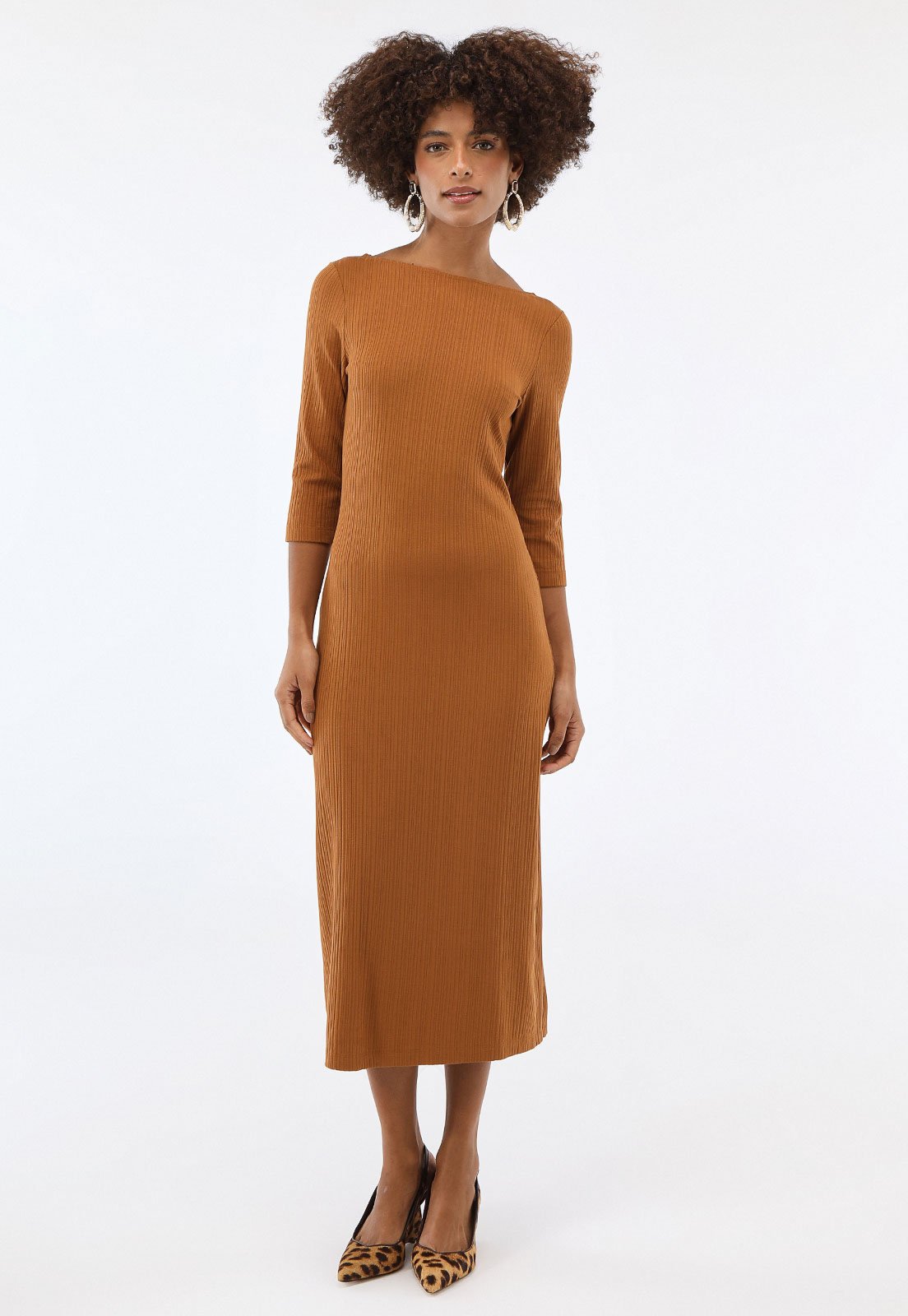 Vestido Canelado Lez a Lez Midi Decote Costas Caramelo