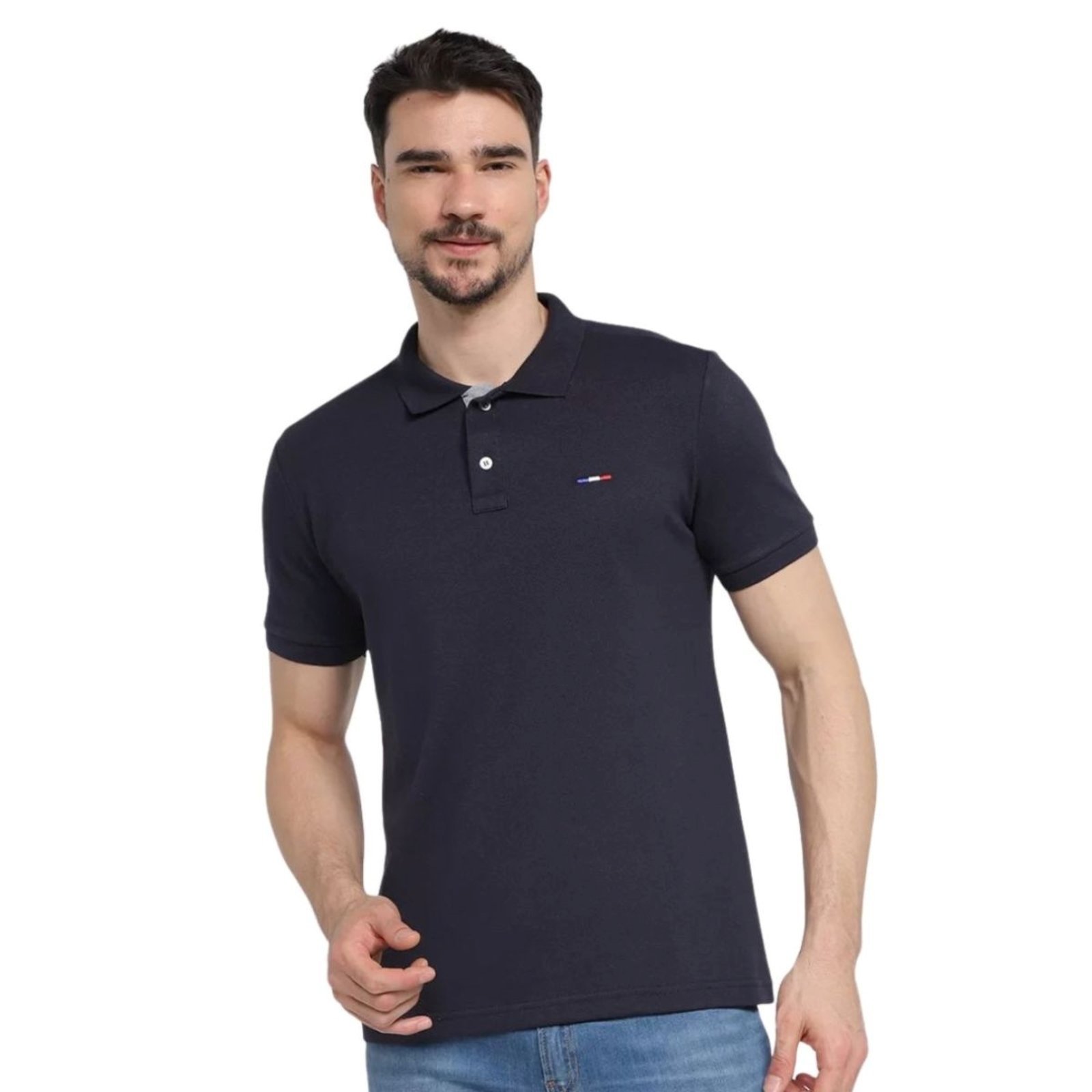 Vista 3 Kit 2 Polos Masculina Básicas FMF Preto e Royal Piquet no Estilo Tommy Bordado França preto royal FMF preto royal