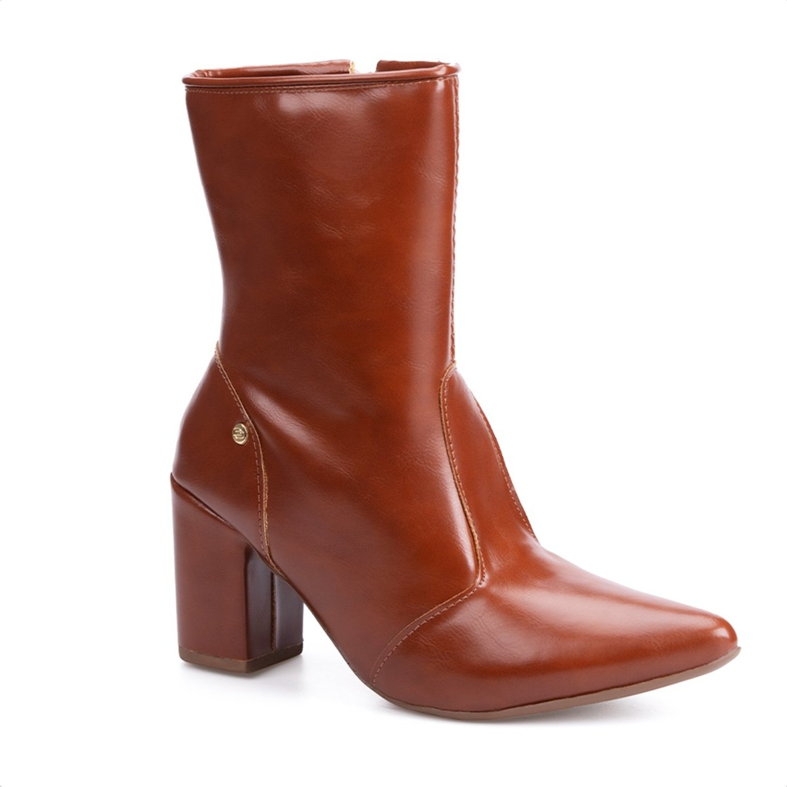 Bota Social Domidona Feminina Cano Curto Caramelo Salto Alto Bloco Bico Fino